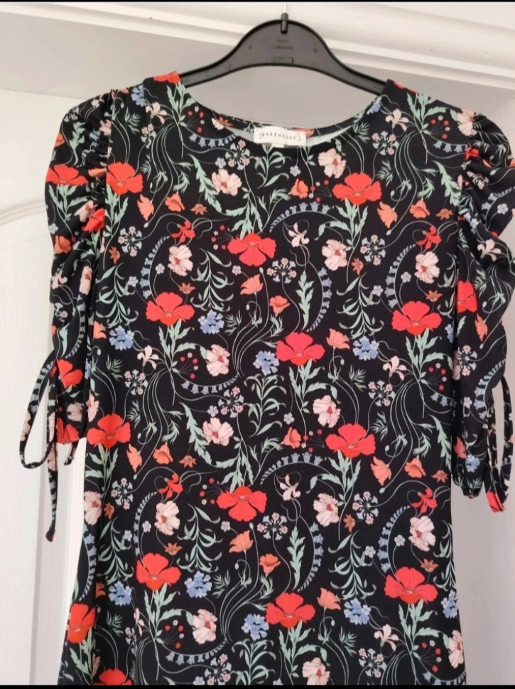 Warehouse Black Multi Coloured Mix Floral Flippy Dress Short Sleeves Size 10