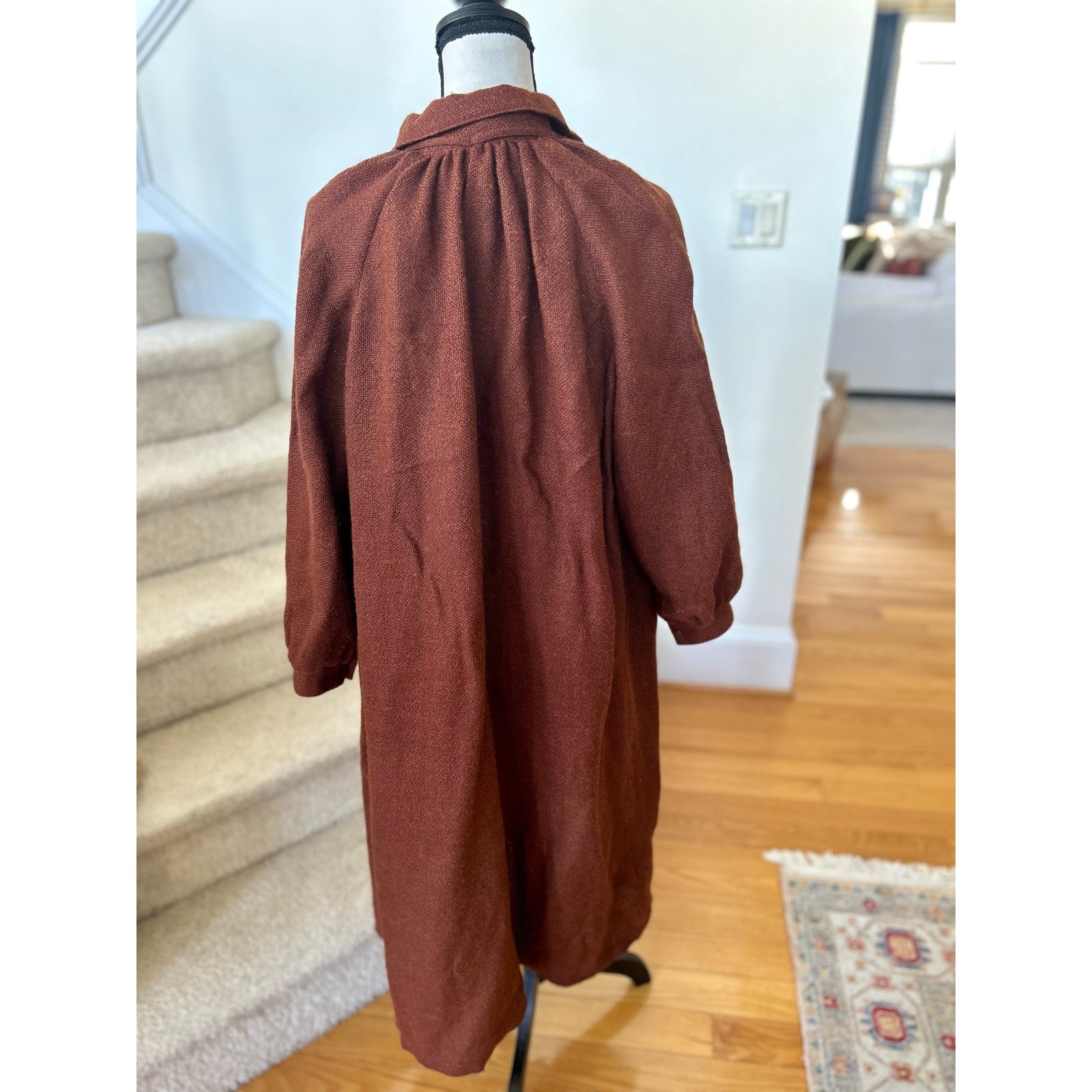 Vintage 60s Saks Fifth Brown Cashmere Wool Loose Peasant Long Sleeve Midi Dress