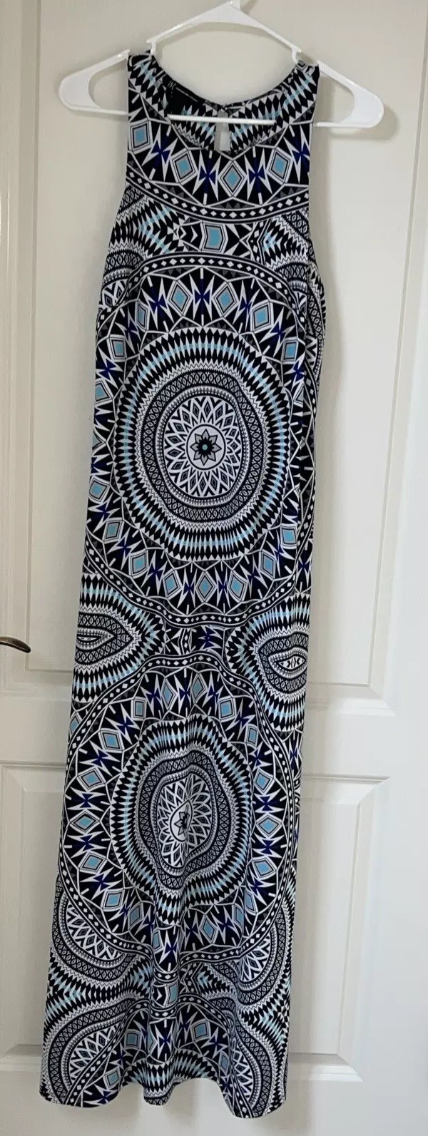 INC International Concepts Geomagnetic Sleeveless Maxi Dress Blue White Black L