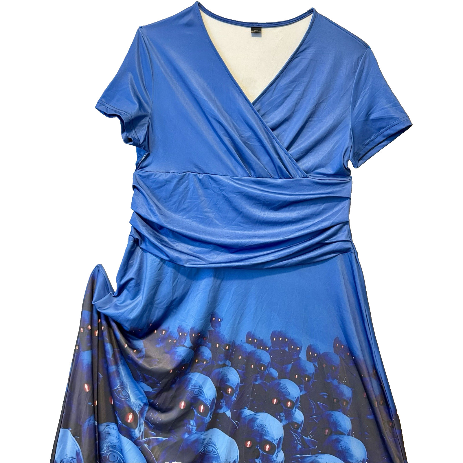 Blue Maxi Skull Print Wrap Front Bodice Dress Short Sleeves Women’s Size XL
