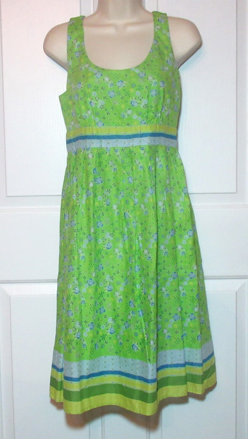New NWT Aryeh M Green Blue Floral Cotton Sleeveless Fit & Flare Dress lined
