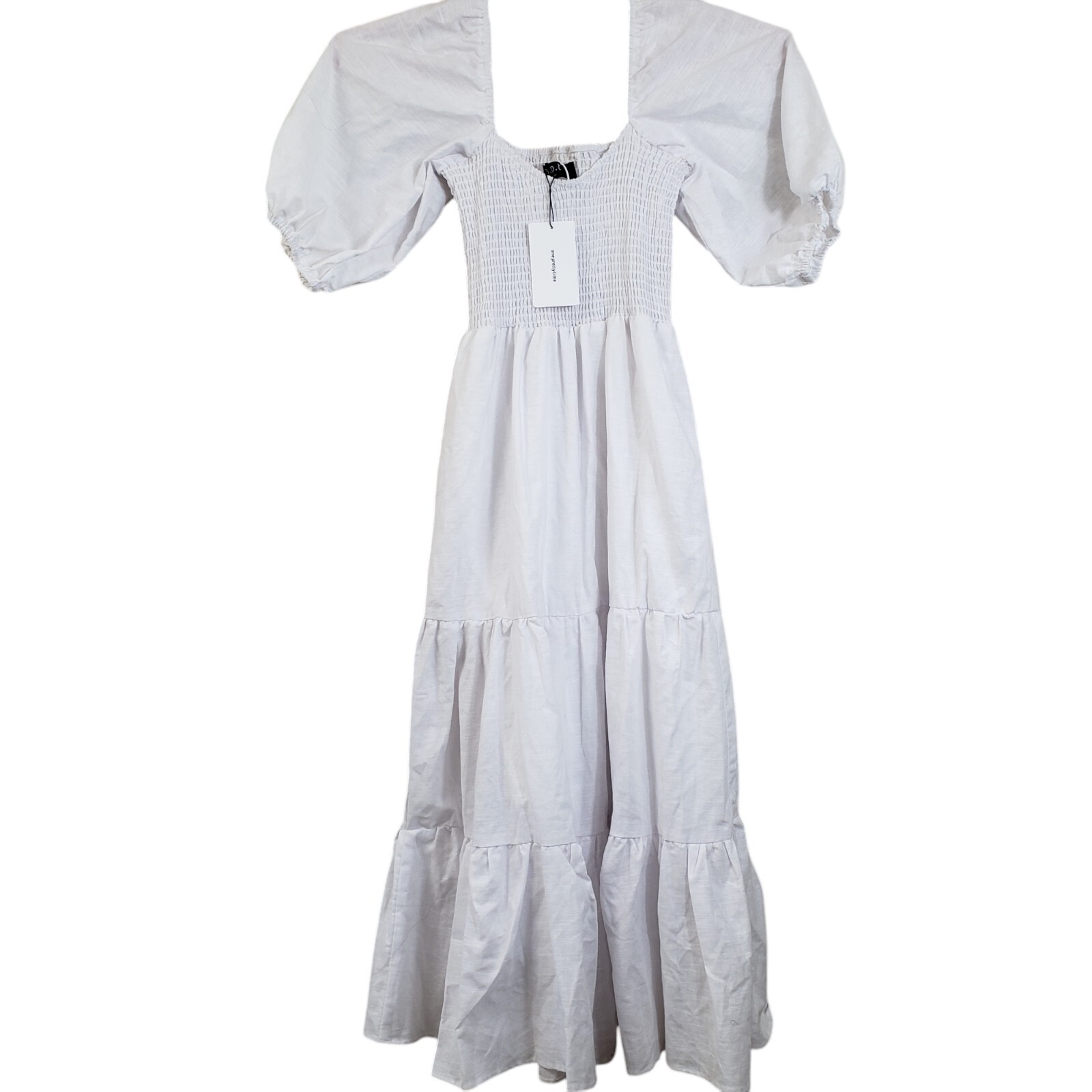New With Tags O.P.T Size XS White Cottagecore Smocked Puff Sleeves Midi Dress **