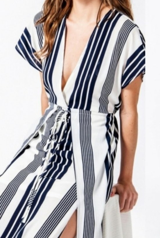 Navy Blue and White Striped V-neck Beach Dress