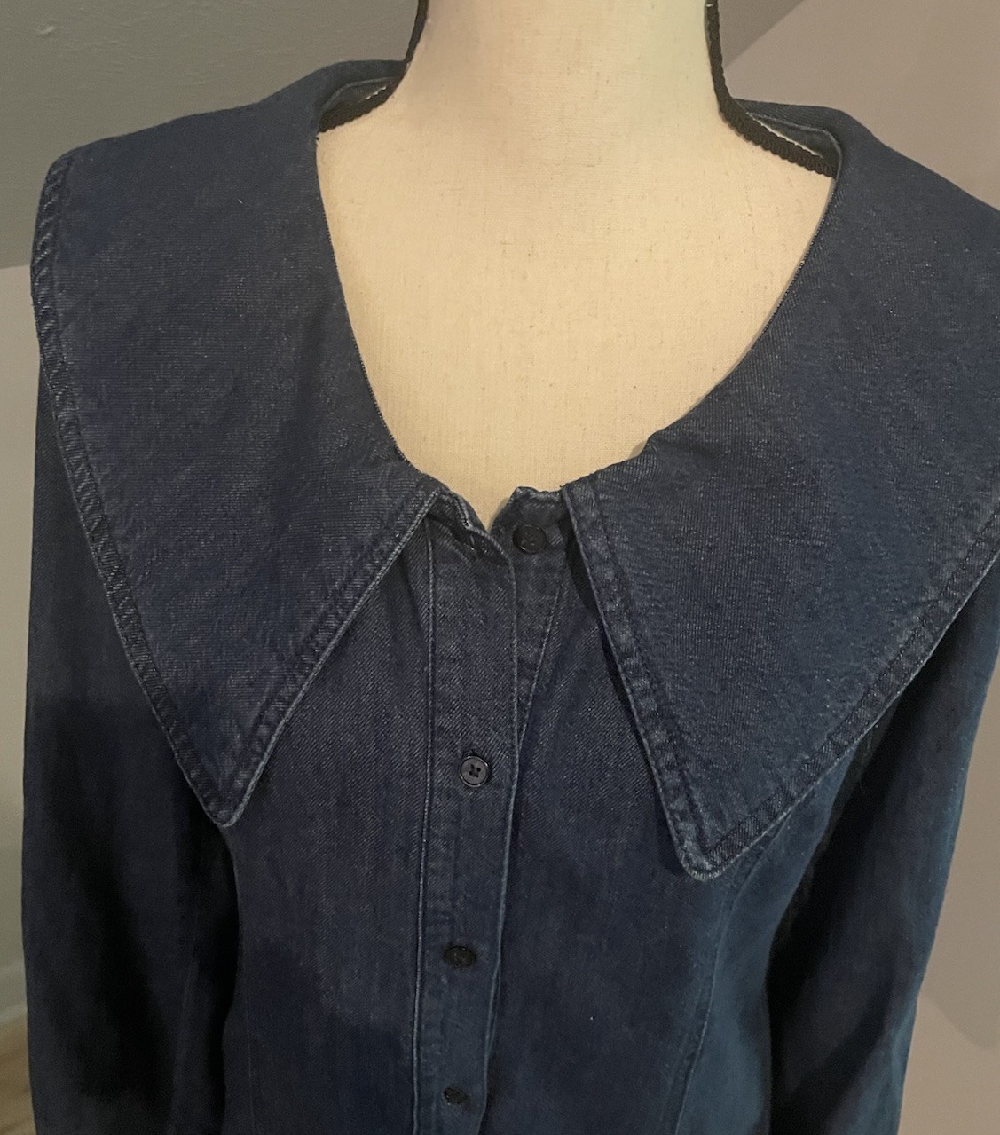Zara Peter Pan Large Collar Denim Mini Shirt Dress Size L Long Sleeve Dark Wash