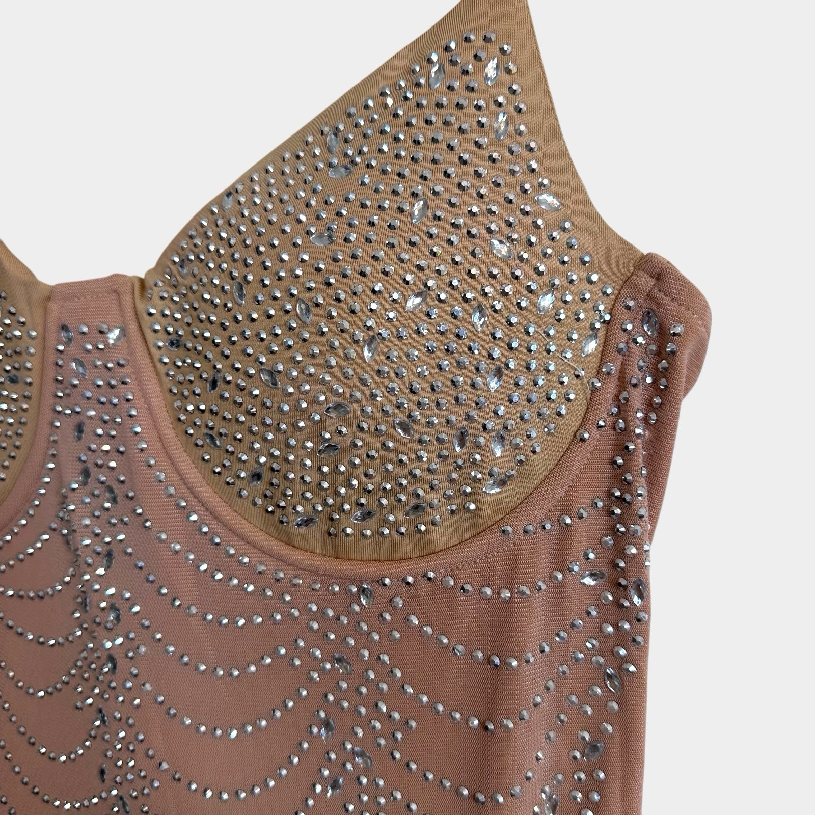 Dress Mermaid V-Neck Mesh-Inset Glitter-Print Gown Beige Size S-M Stretch Straps