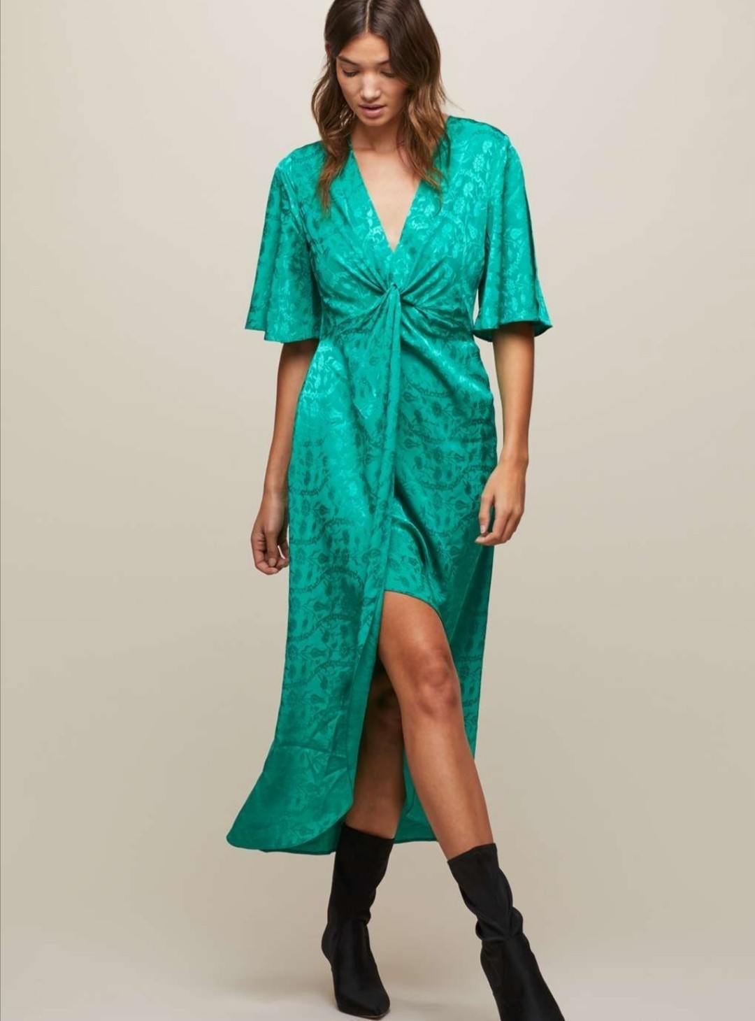 MISS SELFRIDGE Green Satin Jacquard Midi Dress Wrap Front Sz EU 36 UK 8 US 4