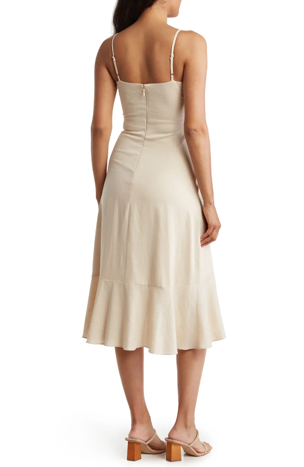 BCBGMAXAZRIA LINEN BLEND “DORIS” RUFFLED MIDI DRESS IN COROZO SIZE 10-$268
