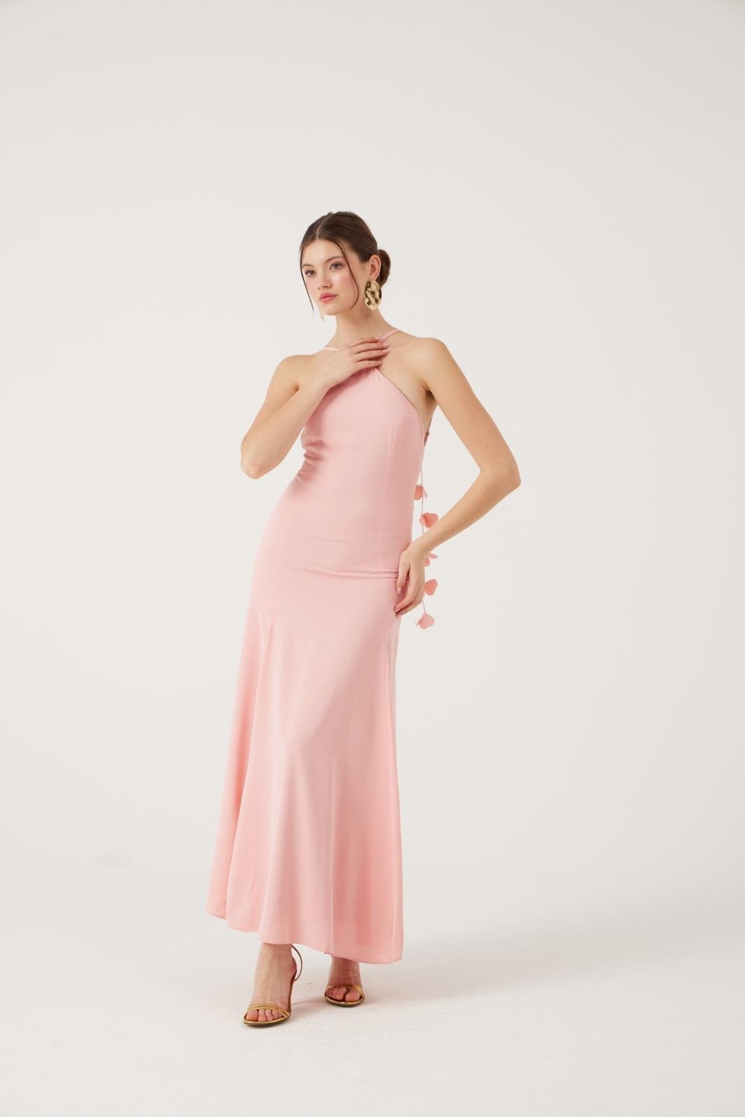 Pink Halter Backless Satin Maxi Dress Appliqué Zip Party/Cocktail Size XS