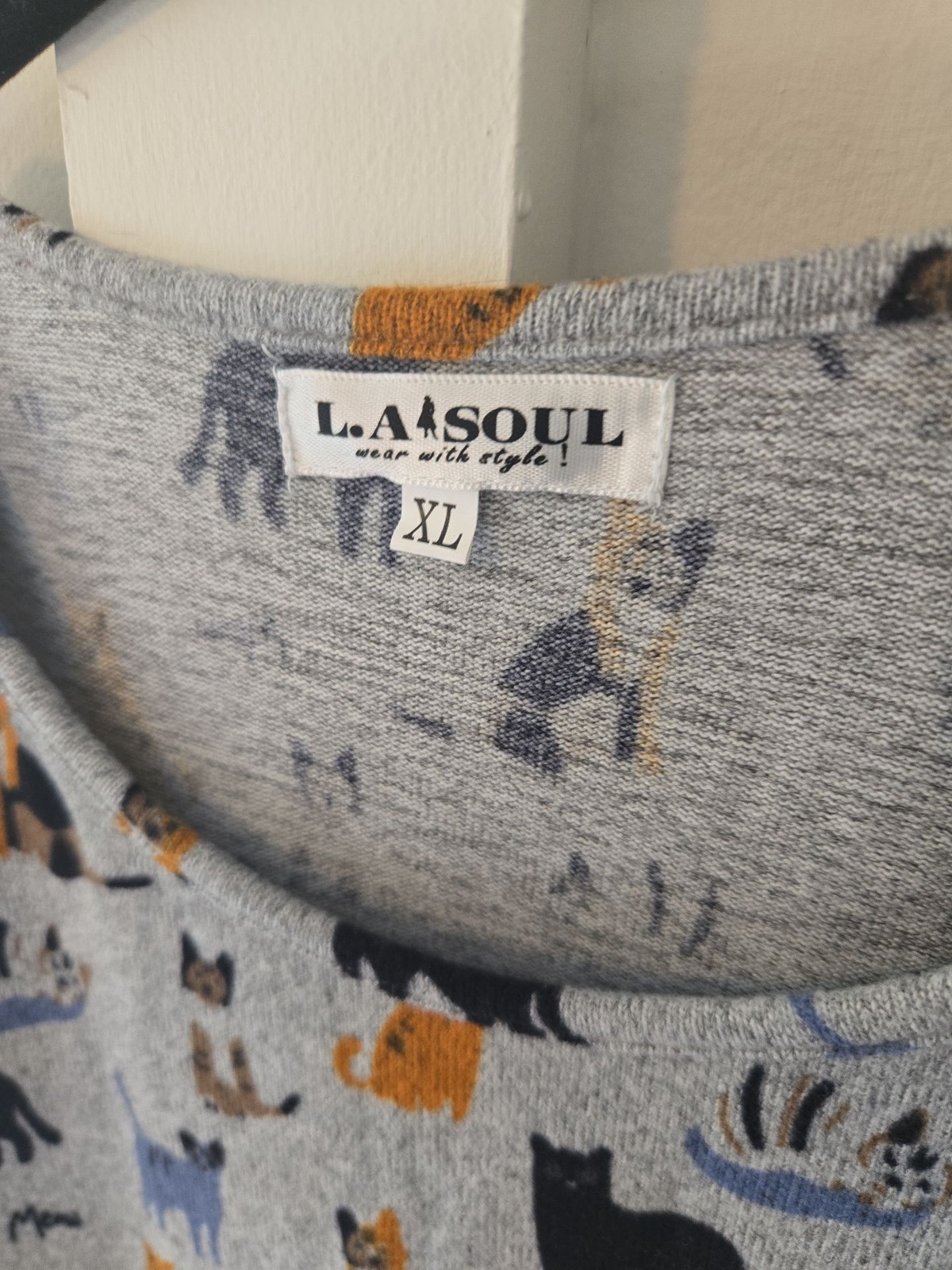 L.A. Soul Gray Cat Print Long Sleeve Fit and Flare Dress XL