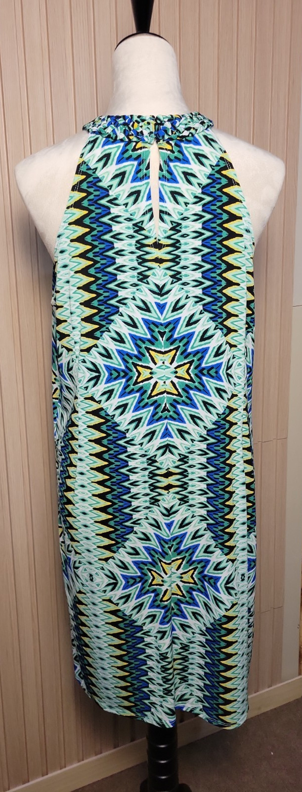 Laundry by Shelli Segal Halter Neck Shift Dress Blue Green Geo Print Size M