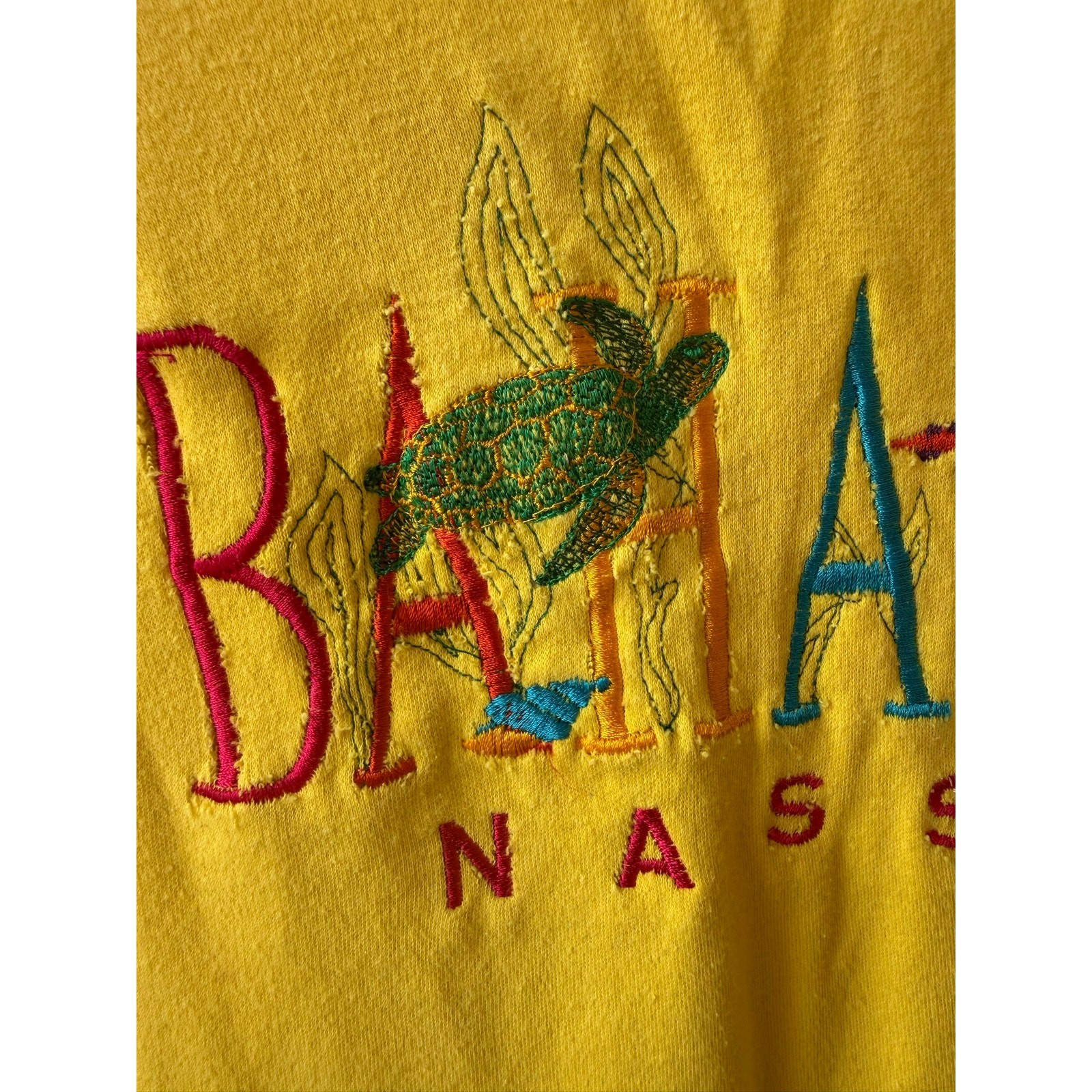 Vtg 90s Embroidered Yellow Oversized Tank Top Shirt Dress Beach Coverup Turtle L