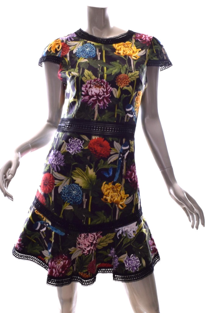 Alice + Olivia Rapunzel Dress Floral Black Bird Print Lace Trim Size 4 Mint Cond