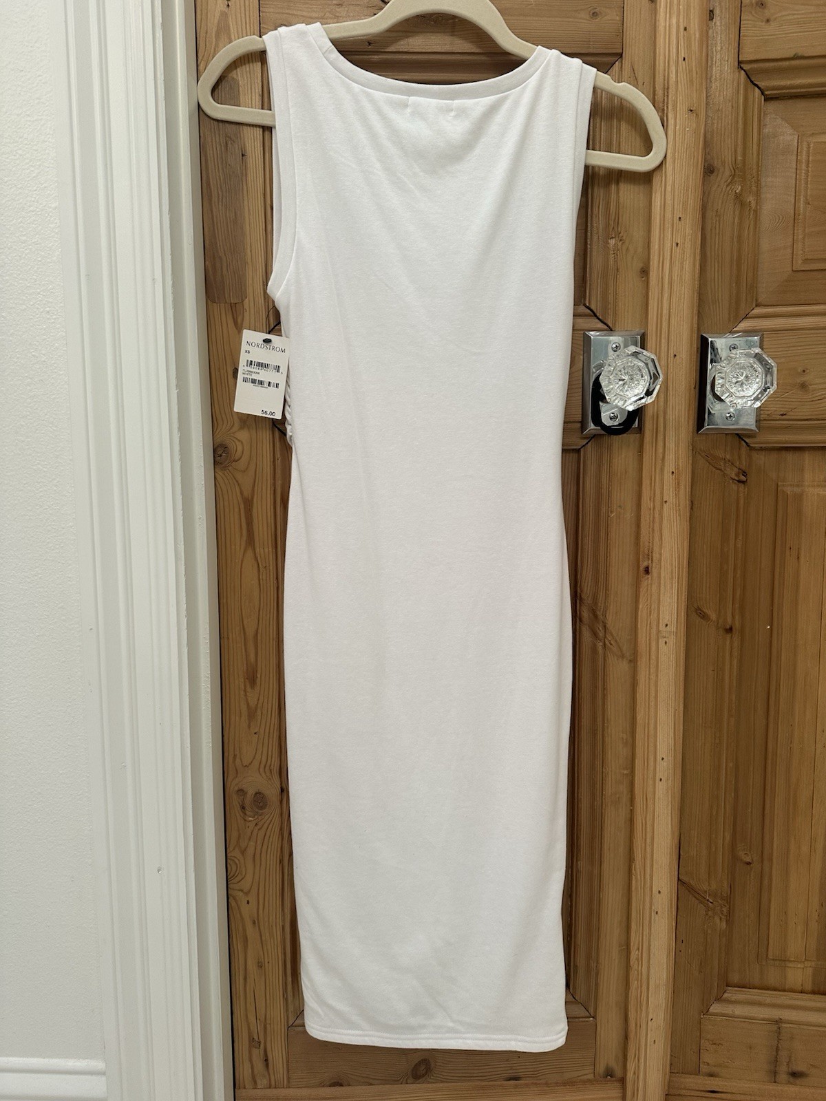 Leith White Round Neck Sleeveless Ruched Stretch Knit Bodycon Midi Dress XS