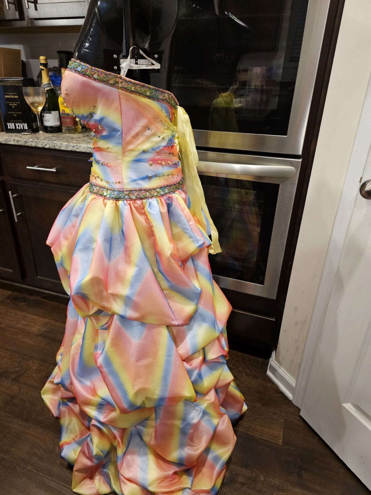 Xcite Pink Yellow Blue Beaded Sequin Pleated Multicolor Rainbow Ballgown 8