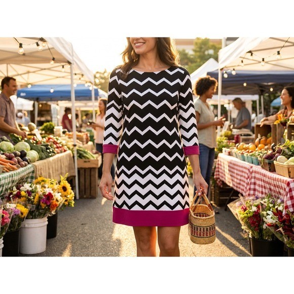 Neiman Marcus Black White Chevron Pink Trim 3/4 Sleeve Dress Size 12 Made USA