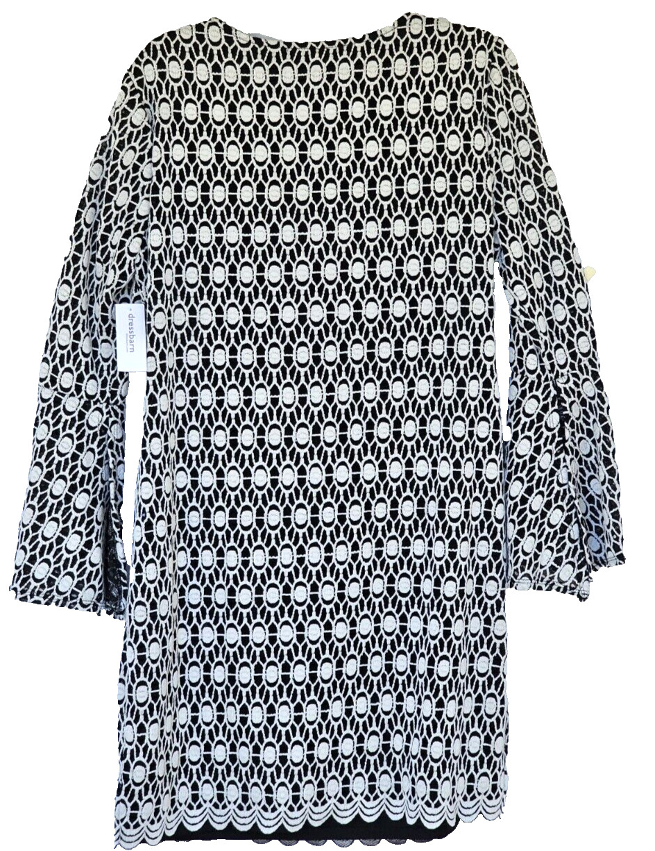 Roz Ali Dress Womens Size Medium Black White Overlay Shift Bell Sleeves LS NWT