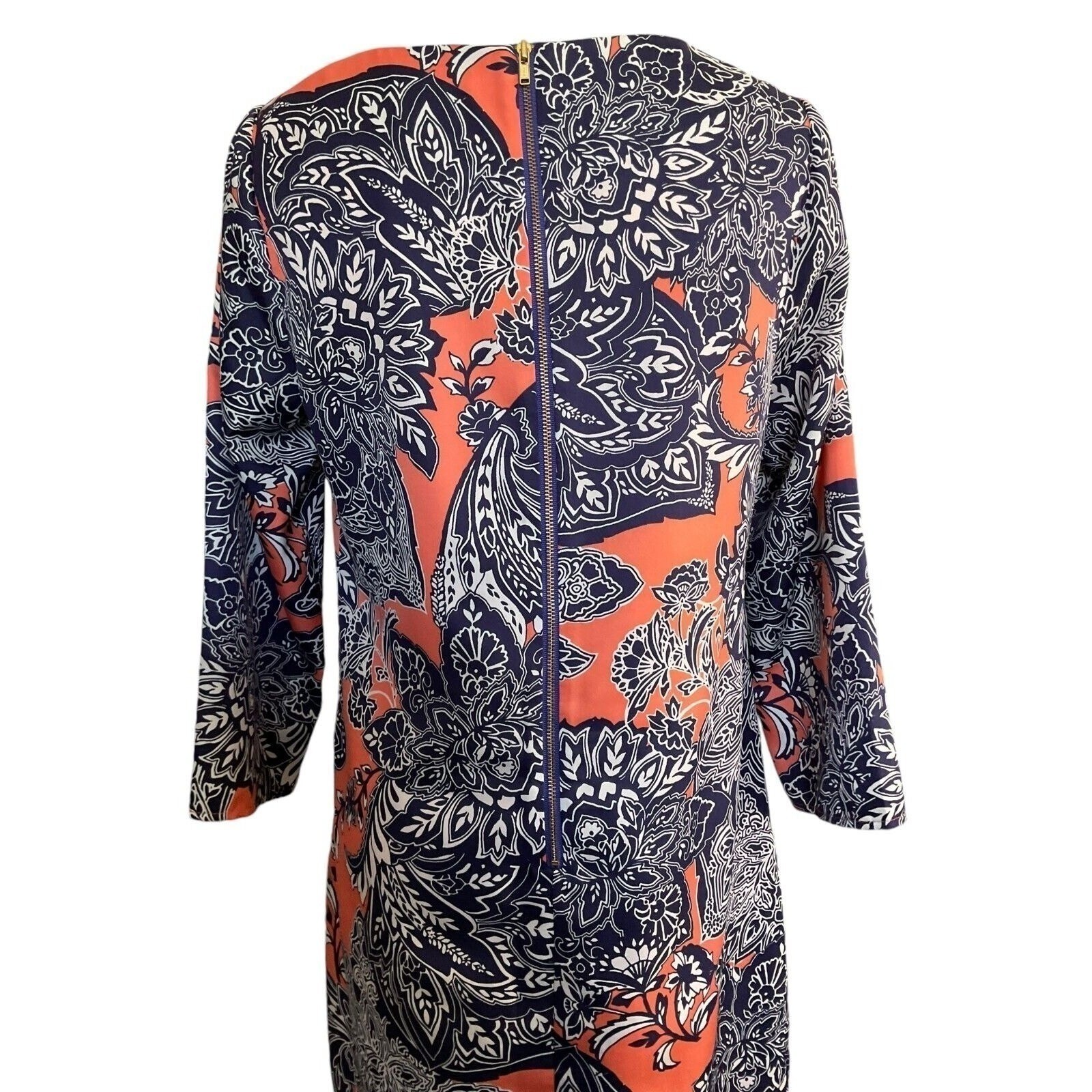 The Limited Womens Paisley Floral Shift Dress 3/4 Sleeve Coral Navy Blue XS