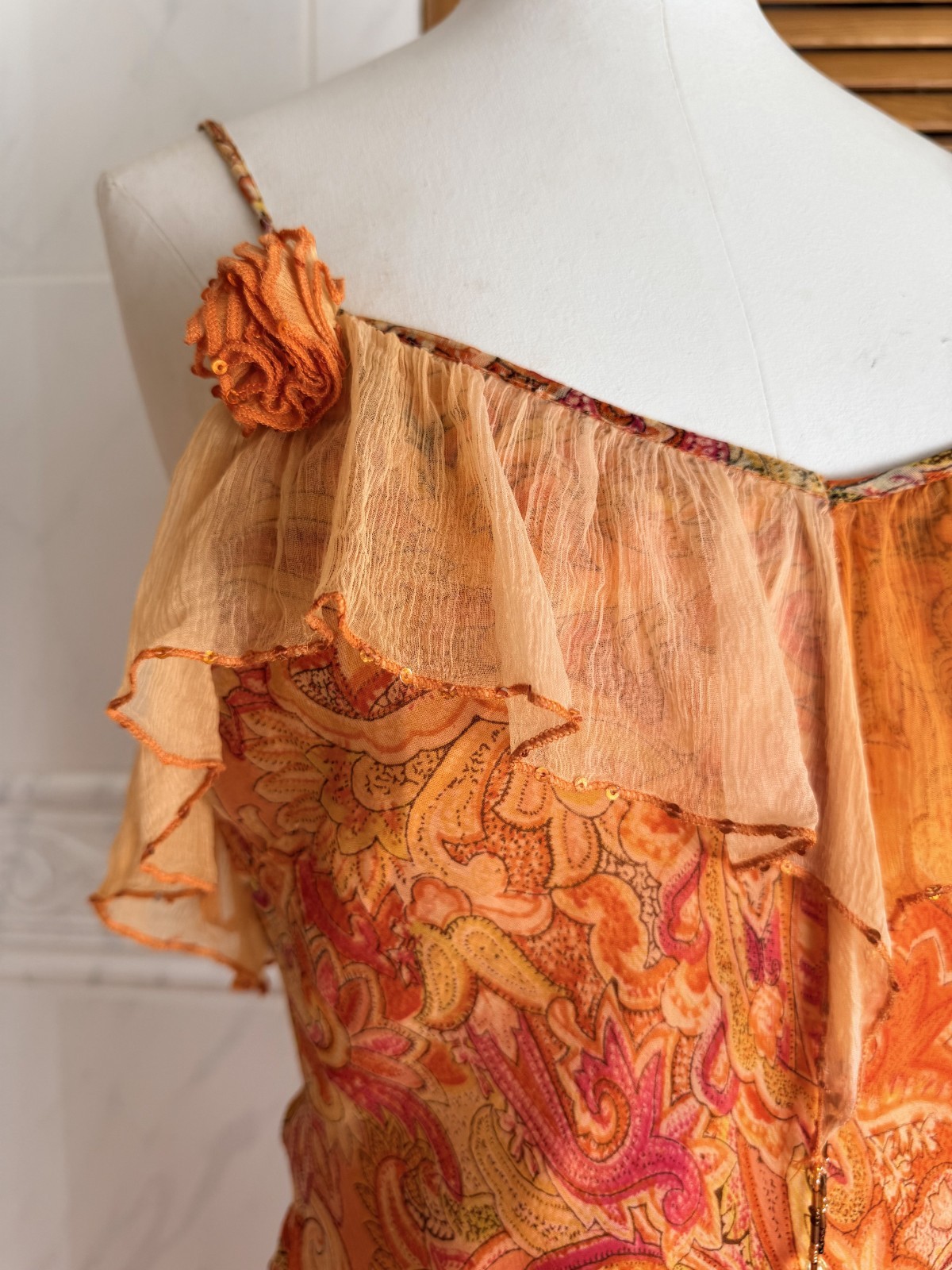 French Designer Orange Paisley Floral Appliqué Dress T2