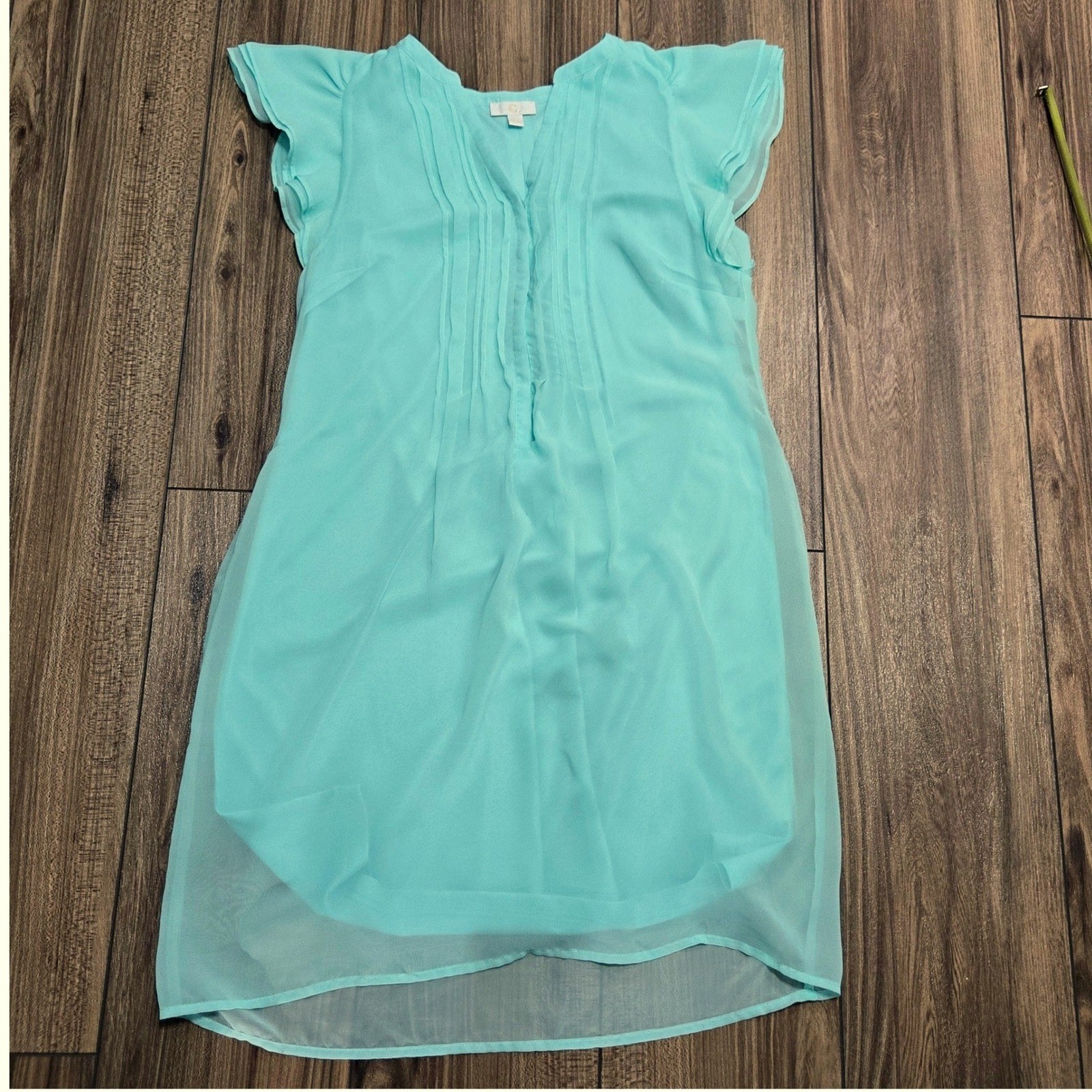 Charming Charlie Mint Aqua Pintuck Flutter Sleeve Chiffon Mini Dress Tunic S