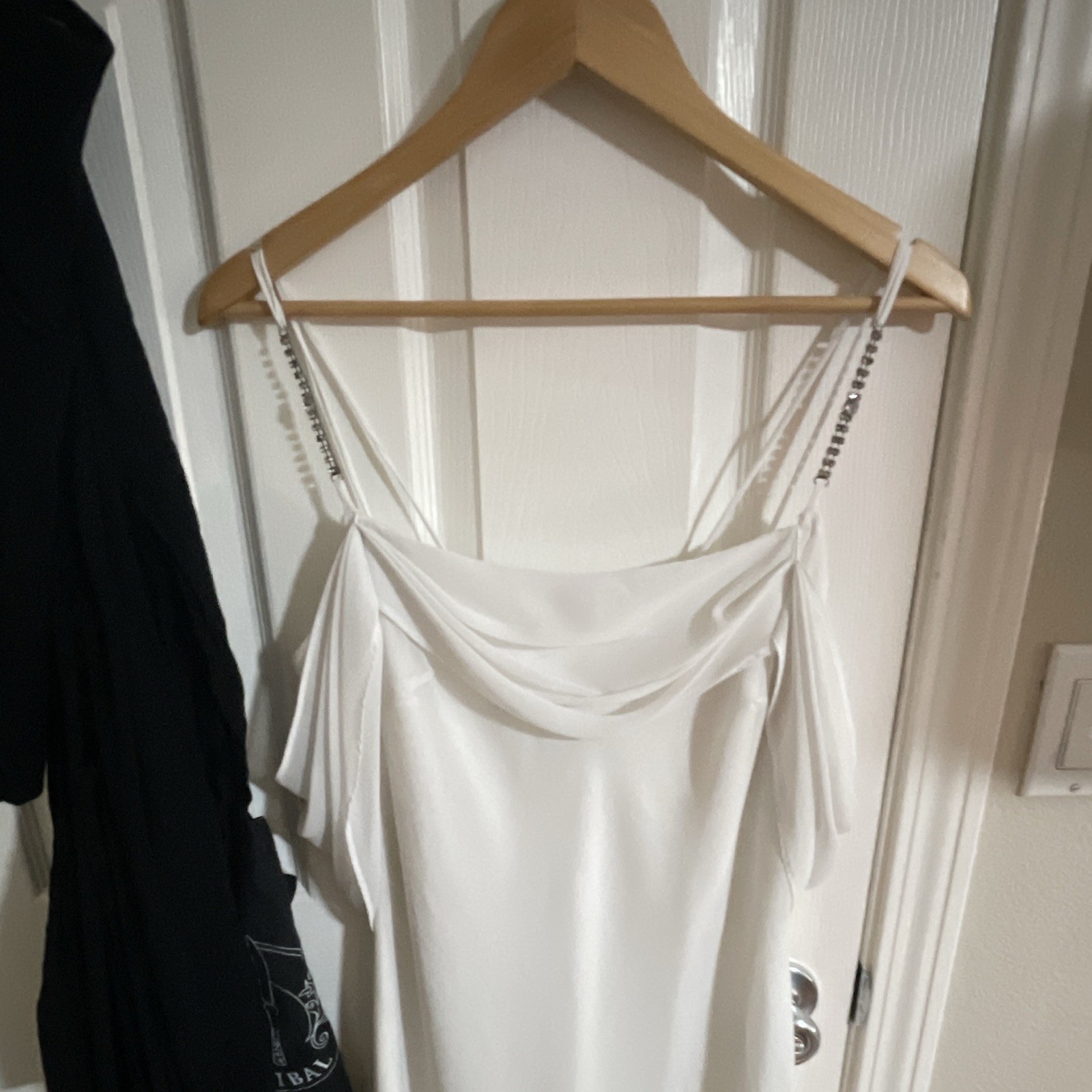Women’s White Solid Off-Shoulder Flutter Sleeve Long Slip Dress Rhinestone S
