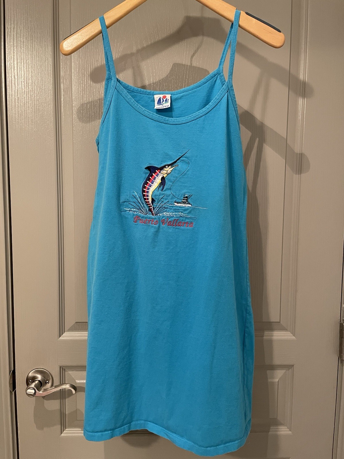 Vintage Puerto Vallarta Mexico Blue Bikini Coverup Dress Womens Large Y2K Marlin