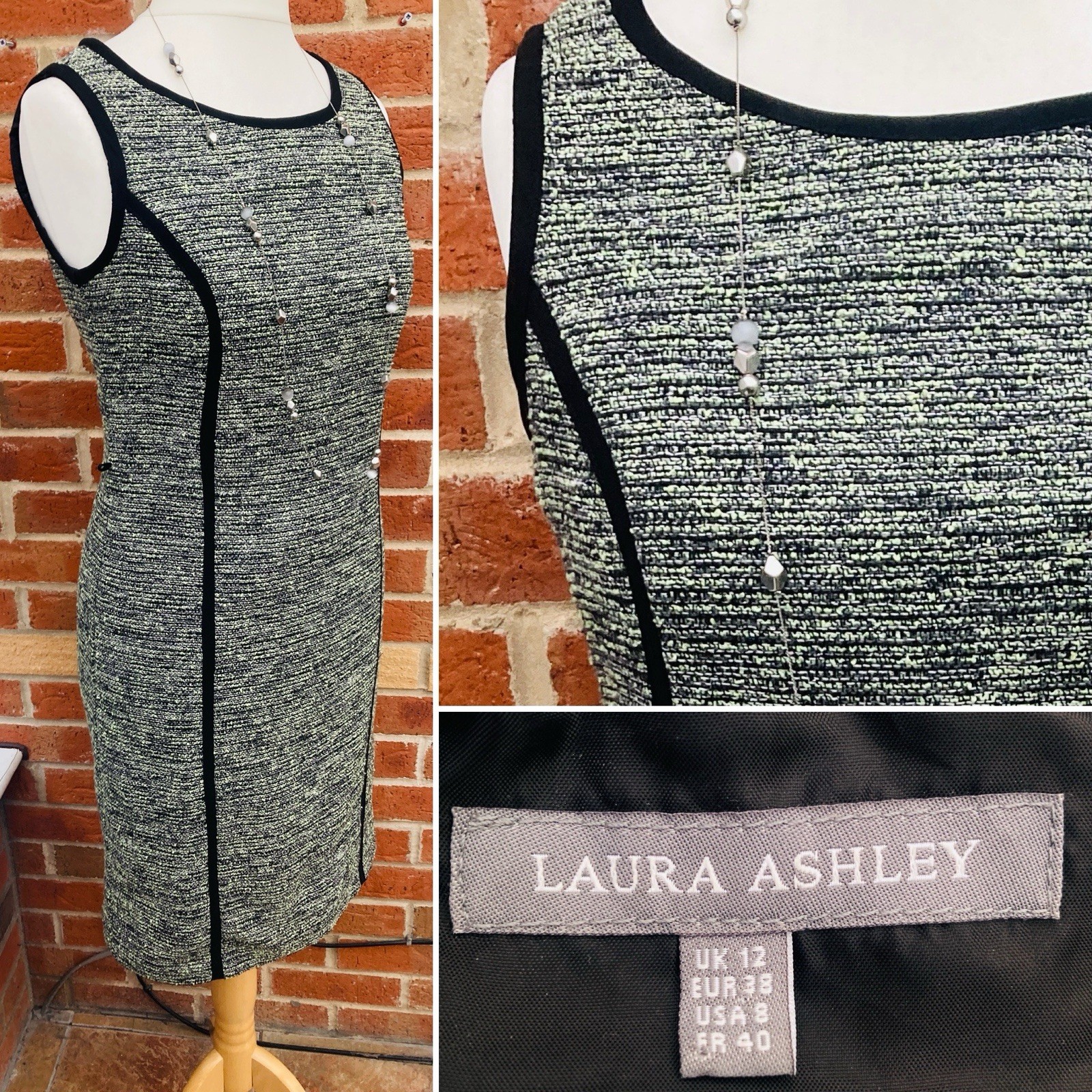 LAURA ASHLEY Size 12 Black Lime Green Silver Dress Wedding Summer Excellent L2