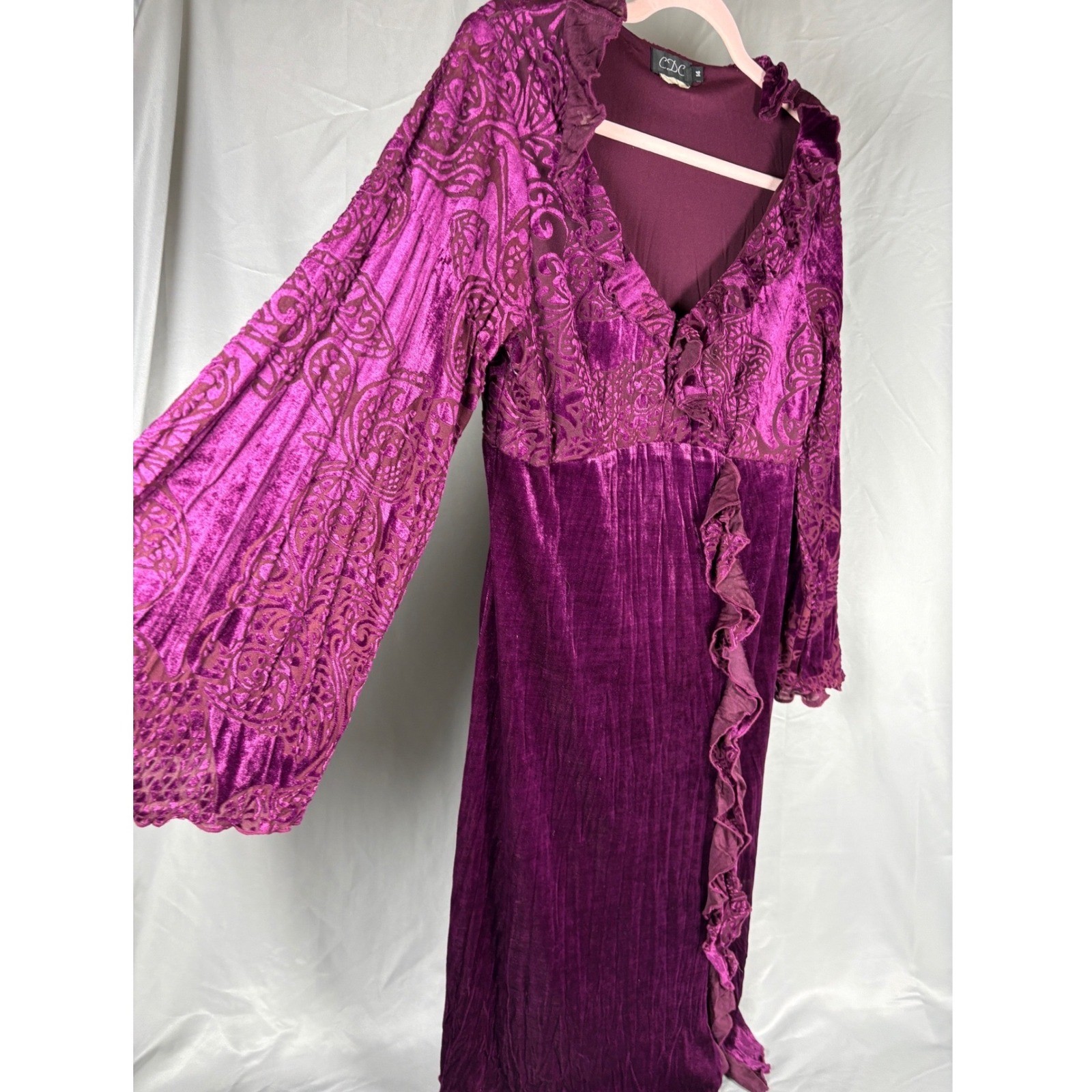 Velvet Burnout Purple Ruffle V-Neck Bell Sleeve Dress Size 14 Witchigoth Boho