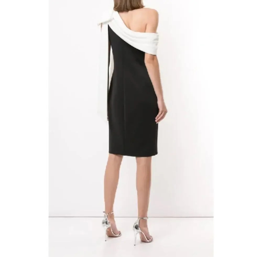 Tadashi Shoji Rigel Scuba White Bow Black Dress s.L Draping Off The Shoulder NEW