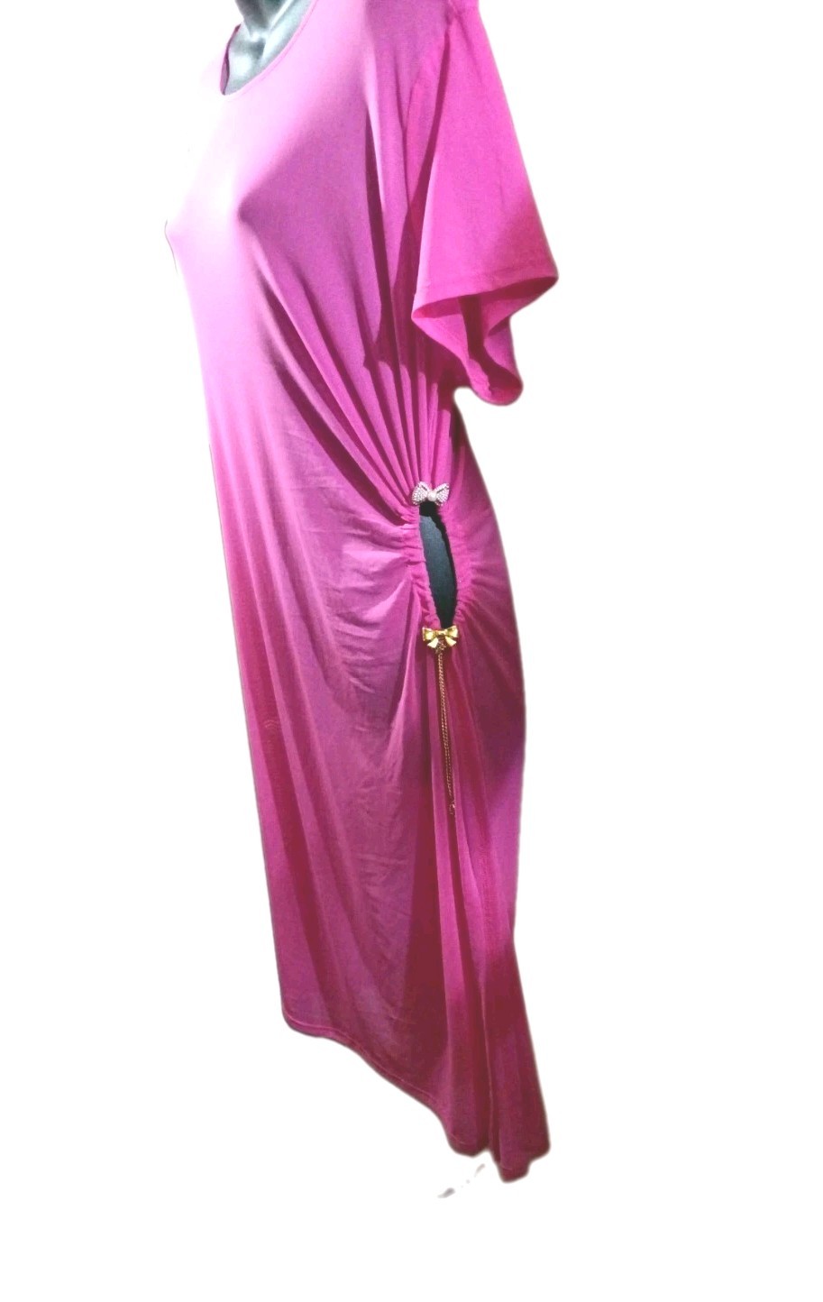 Vibe Sportswear Pink Ruched Transparent Dress Gold BowsAccent Short Sleeve2XKnee