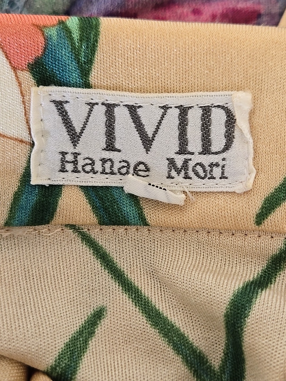 VIVID Hanae Mori beige green blush brown japanese art print Floral midi Dress S