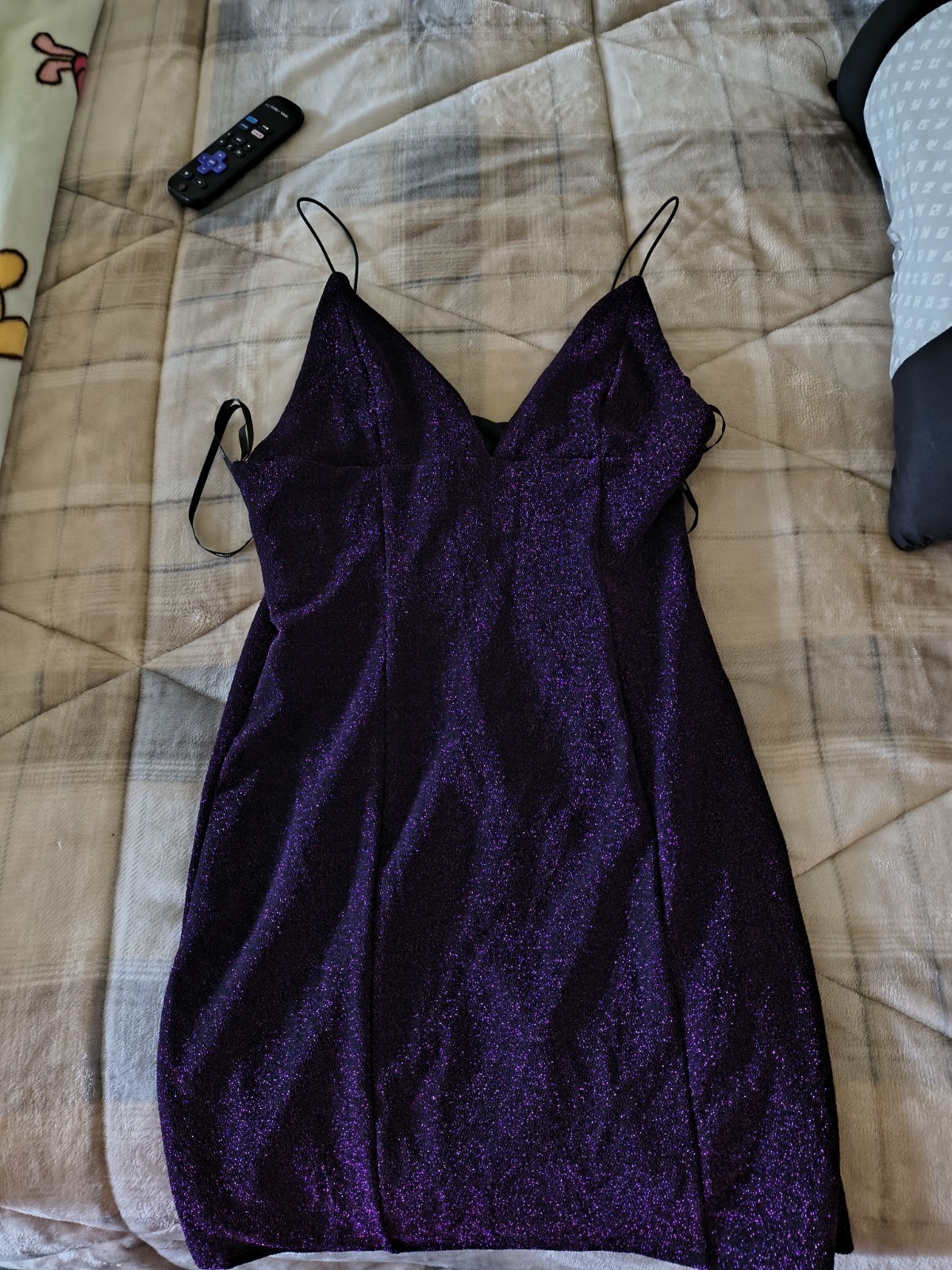 Forever 21 Black/Purple Glitter V-Neck Bodycon Slip Mini Dress, Women L