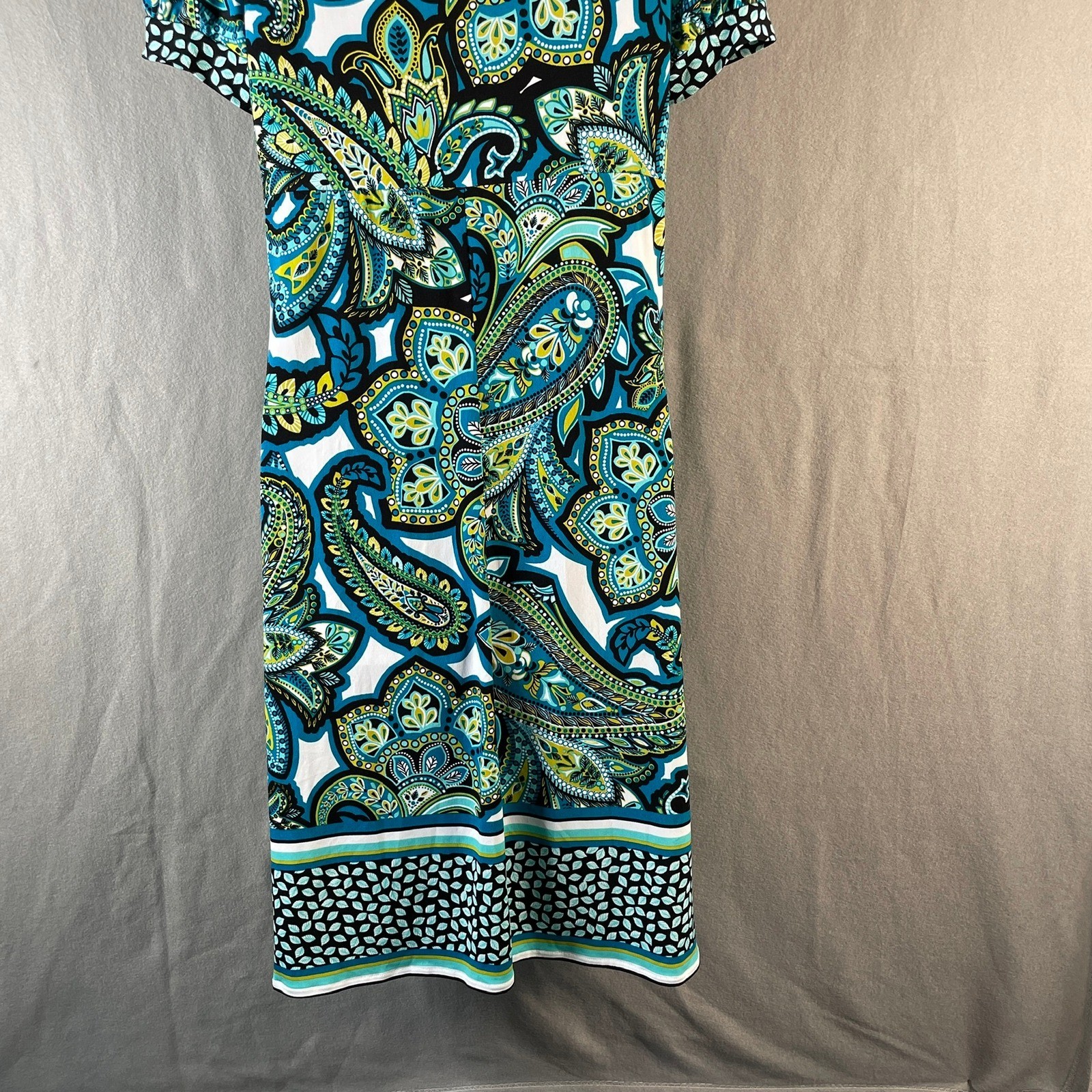 London Style Collection Blue Green Paisley Empire Waist Puff Sleeve Dress 14
