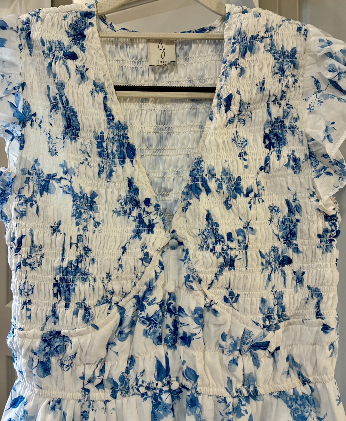 Joie Smocked Floral Maxi Dress Blue White Ruffle Sleeve Tiered Regency