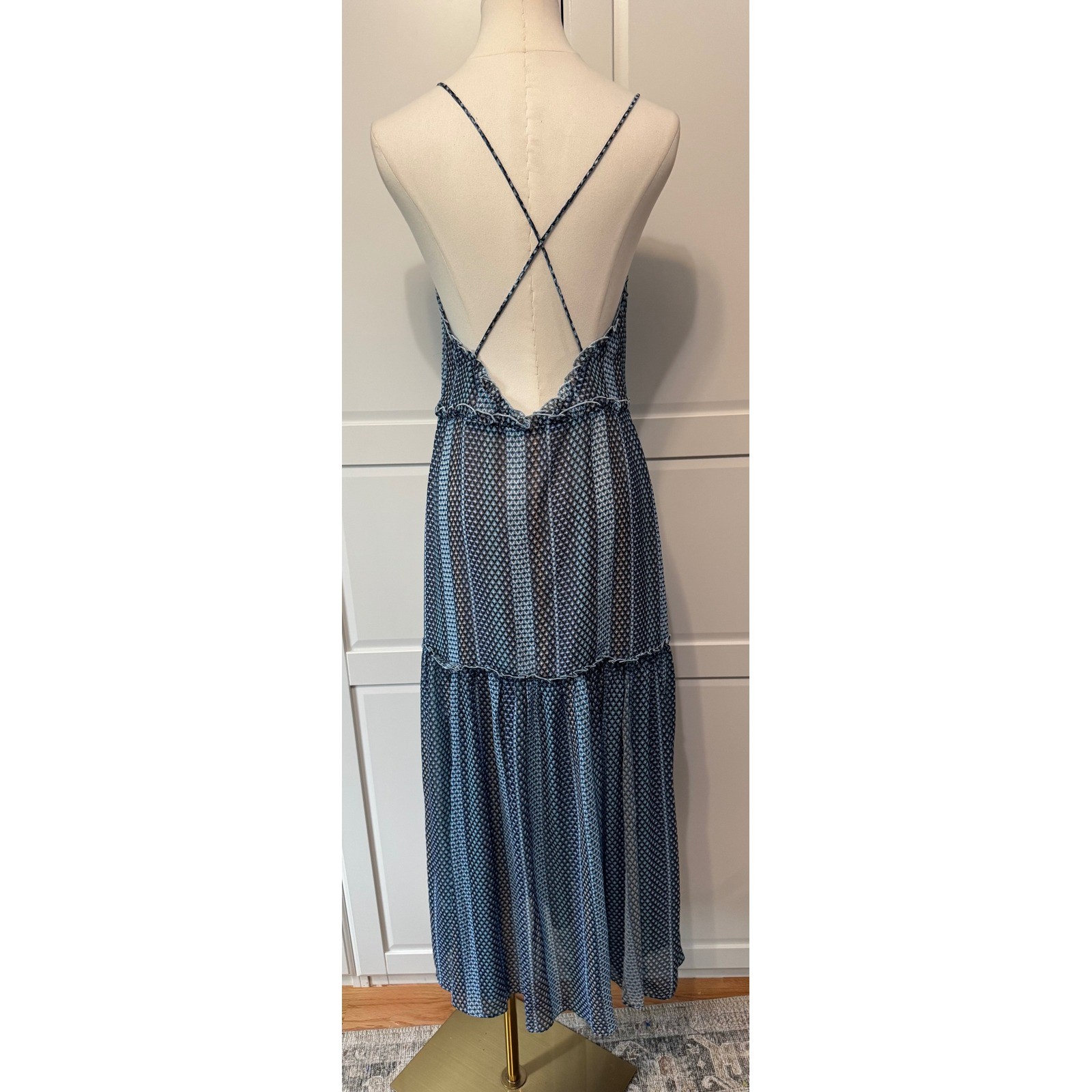 Finders Keepers Blue Geometric Tiered Maxi Dress Open Back V-Neck Small Blue