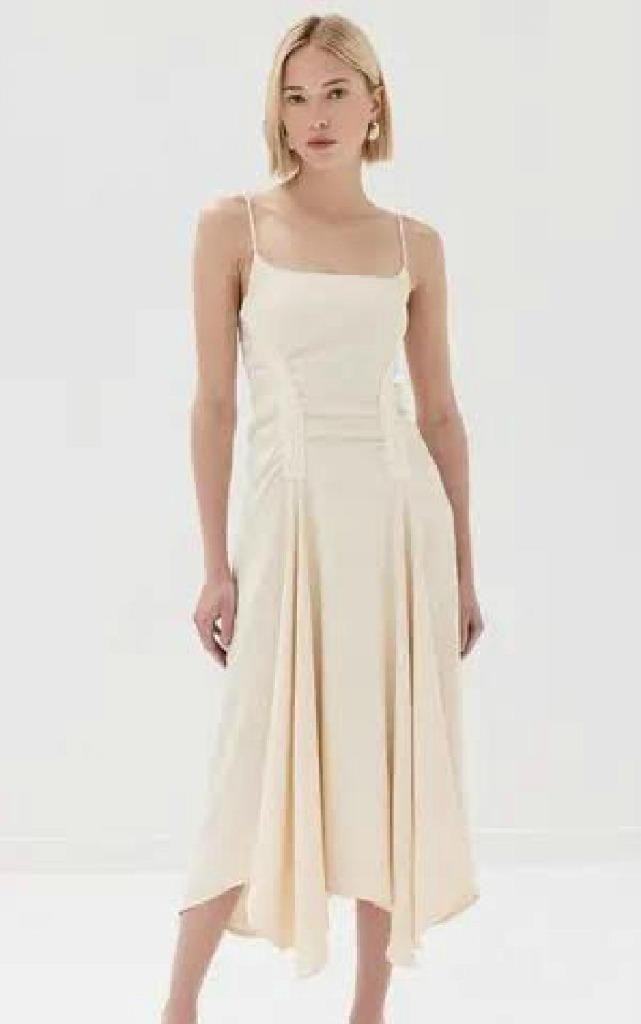 A.L.C. IVORY SILVIA CROCHET TRIMMED ASYMMETRIC LINEN BLEND MIDI DRESS SZ.4