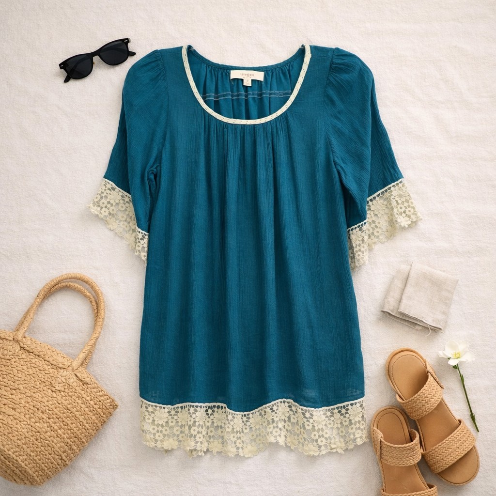 Umgee Turquoise Gauzy Lined 3/4 Sleeve Lace Detail Short Dress. Ladies Medium.