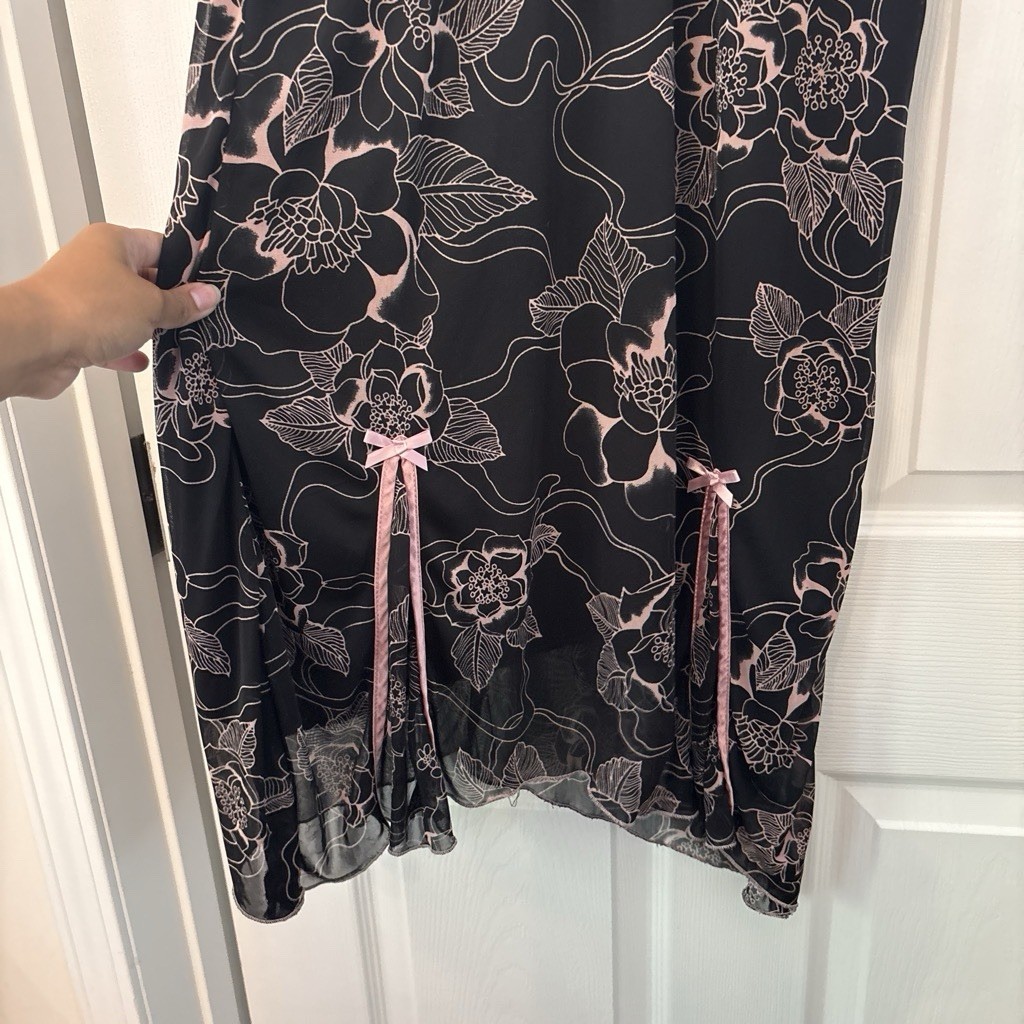 Ruby Rox Black Pink Floral Mesh V-Neck Cap Sleeve Midi Dress Bow Accent M