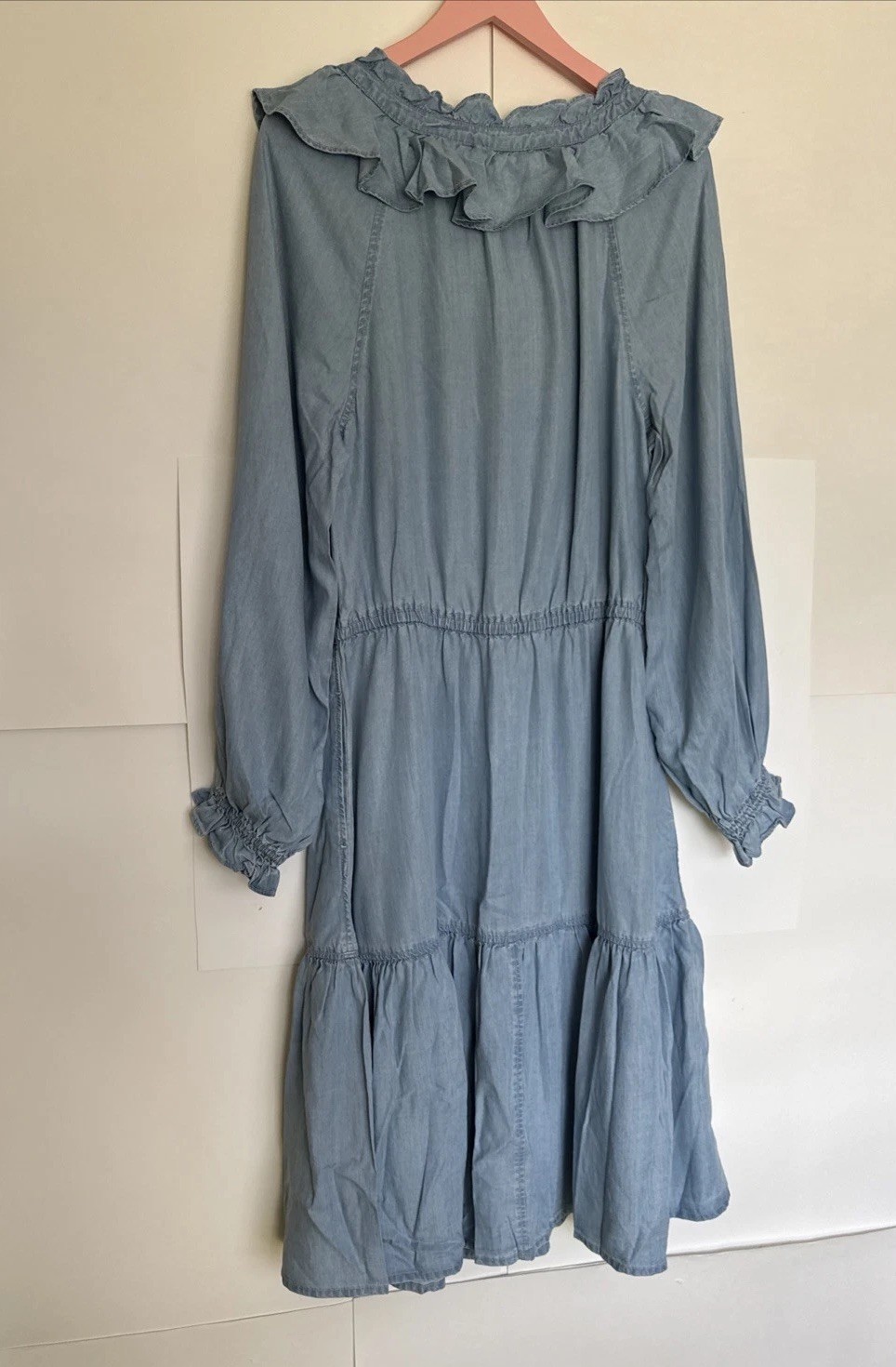 Lauren Ralph Lauren Chambray Dress Ruffle Neckline Tiered Skirt Size10 NWT