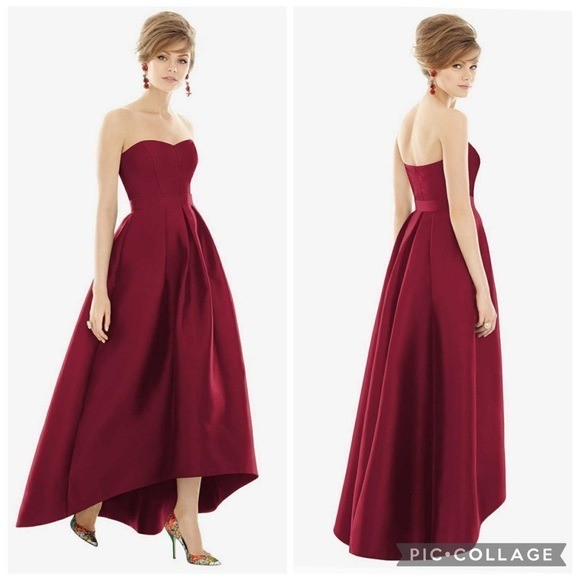 Alfred Sung D699S Strapless Hi-Low Gown Burgundy 8