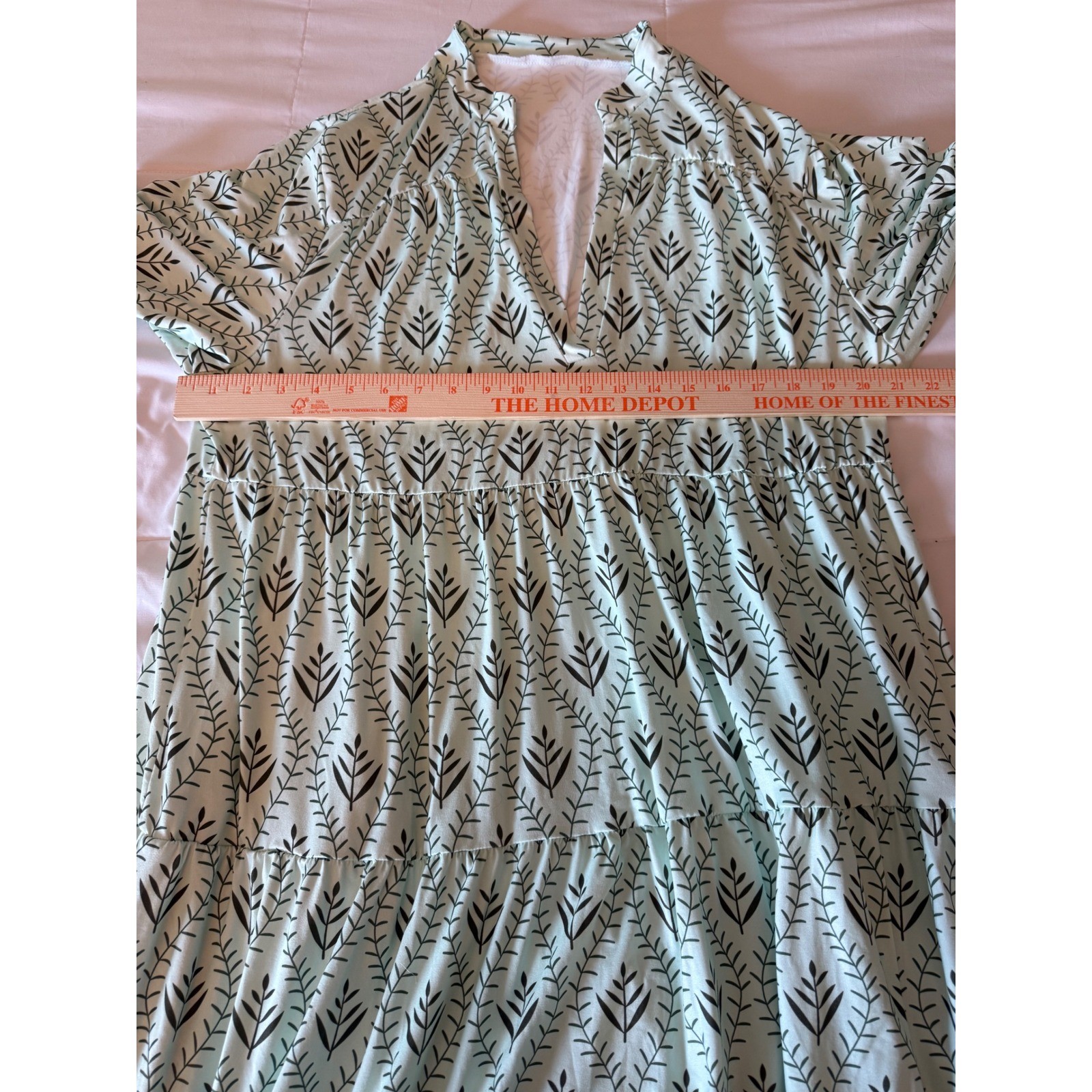 Mint Green Botanical Leaf Print Tiered Maxi Dress V-Neck Long Sleeve Boho L