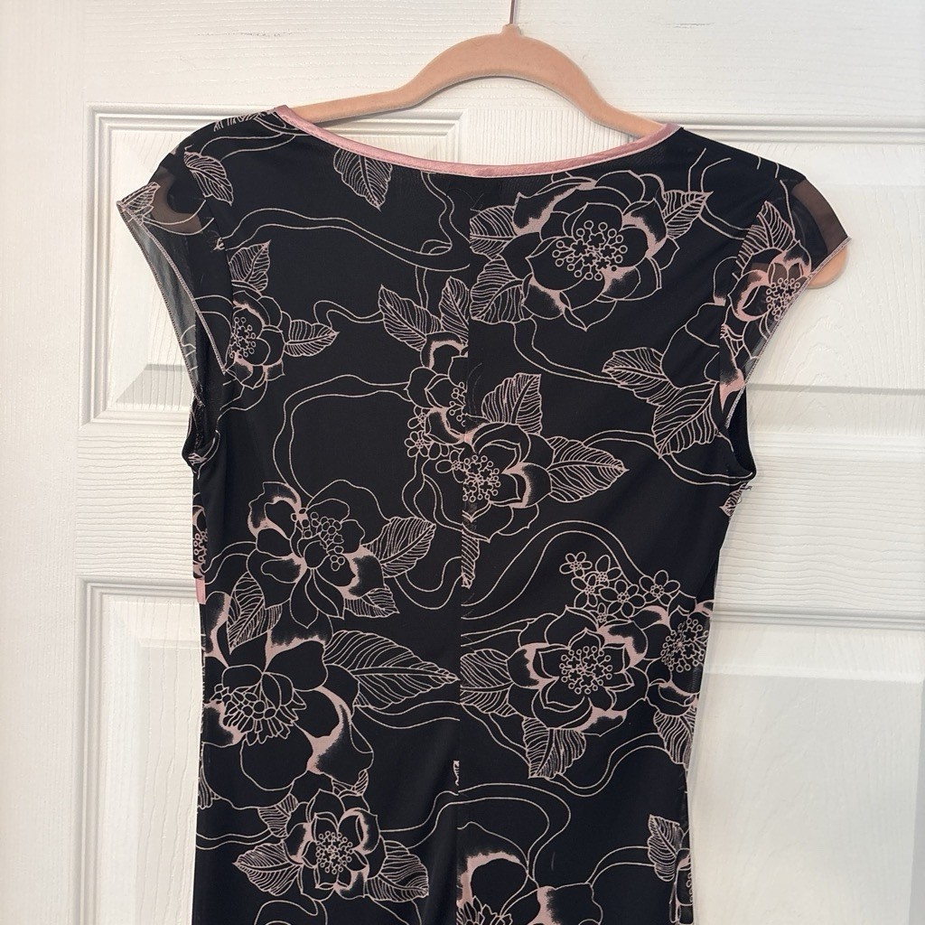Ruby Rox Black Pink Floral Mesh V-Neck Cap Sleeve Midi Dress Bow Accent M