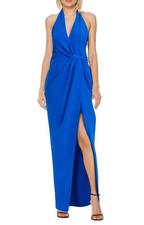 Jewel Badgley Mischka Womens Blue Front Slit Halter Gown Dress Size 8