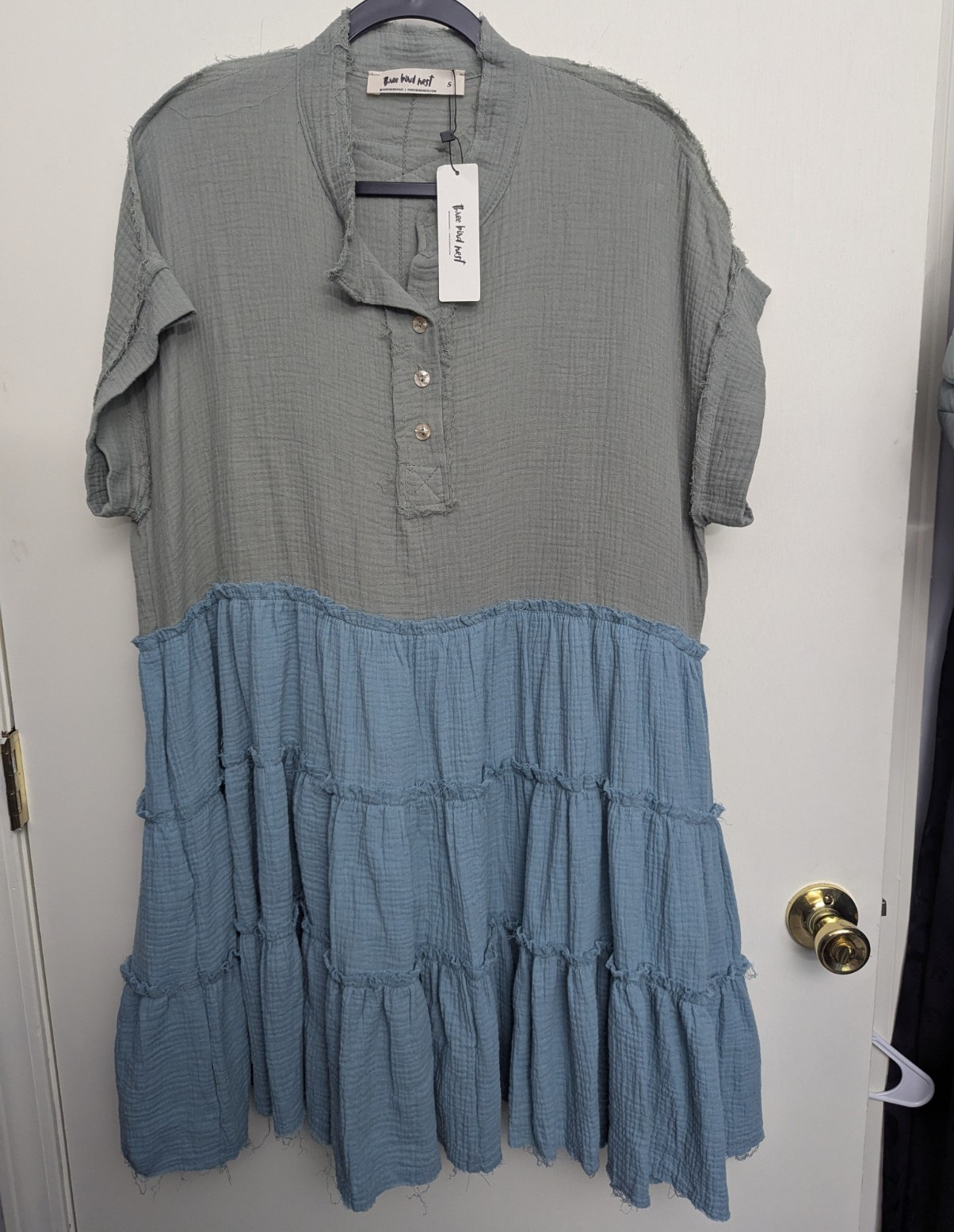 Three Bird Nest Boho Multicolor Tiered Button Front Cotton Dress S