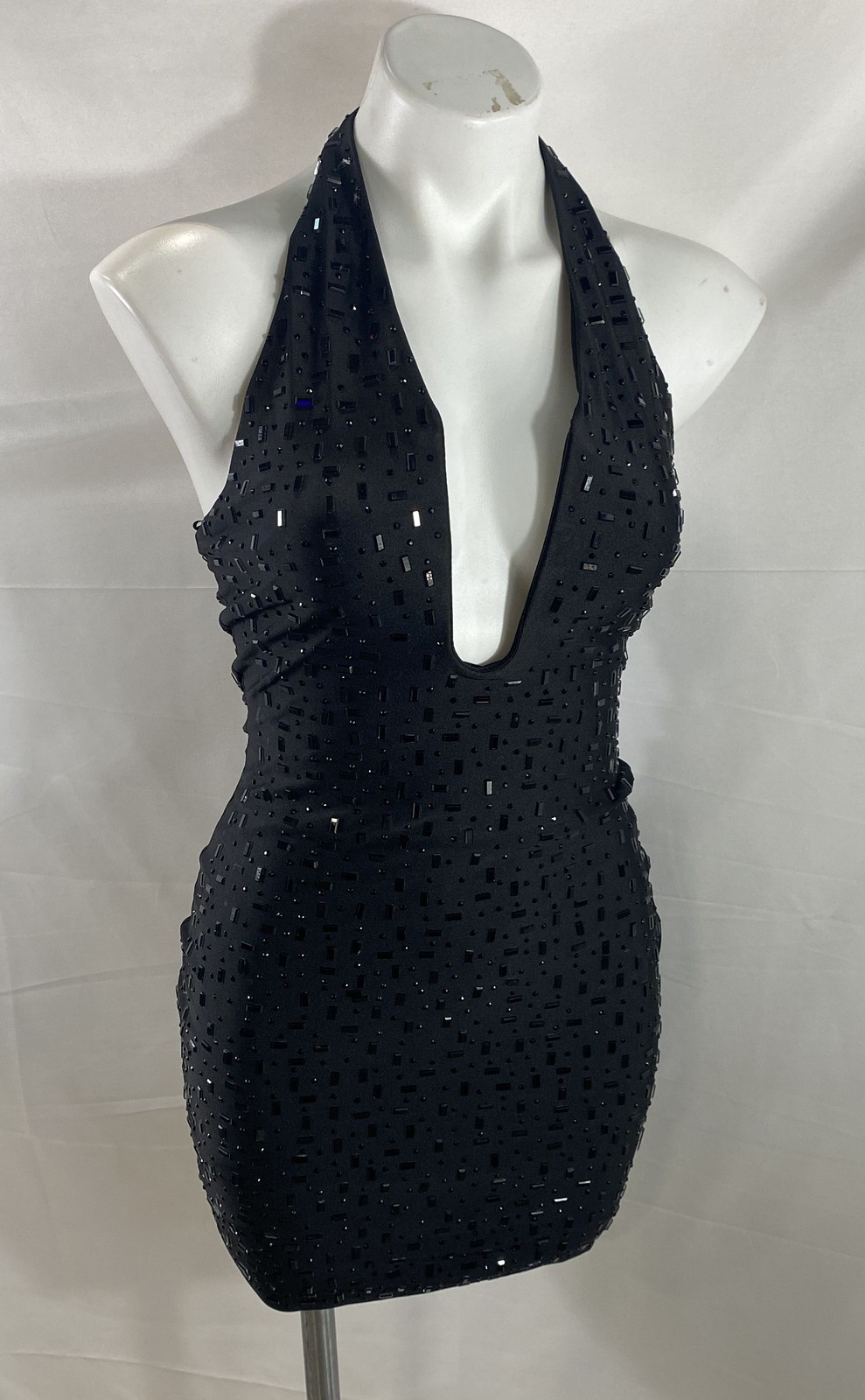 Windsor Women’s Black Halter Rhinestone Embellished Mini Bodycon Dress Sz S NWT