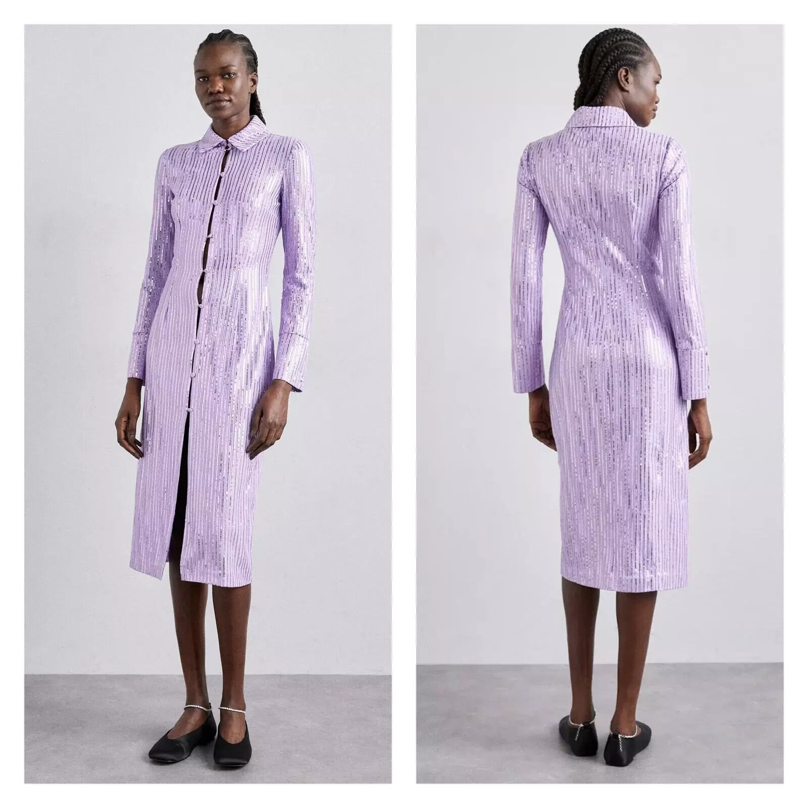 Stine Goya Lavender Purple Sonja Sequin Button-Up Midi Shirtdress Small $465