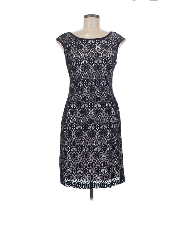 Coldwater Creek Navy Blue Crochet Shift Dress Womens Sz 8 Knee Lined Cap Sleeve
