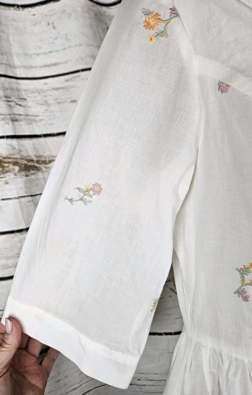 Simple Retro White Floral Embroidered Midi Shirt Dress L Prairie NEW 100% Cotton