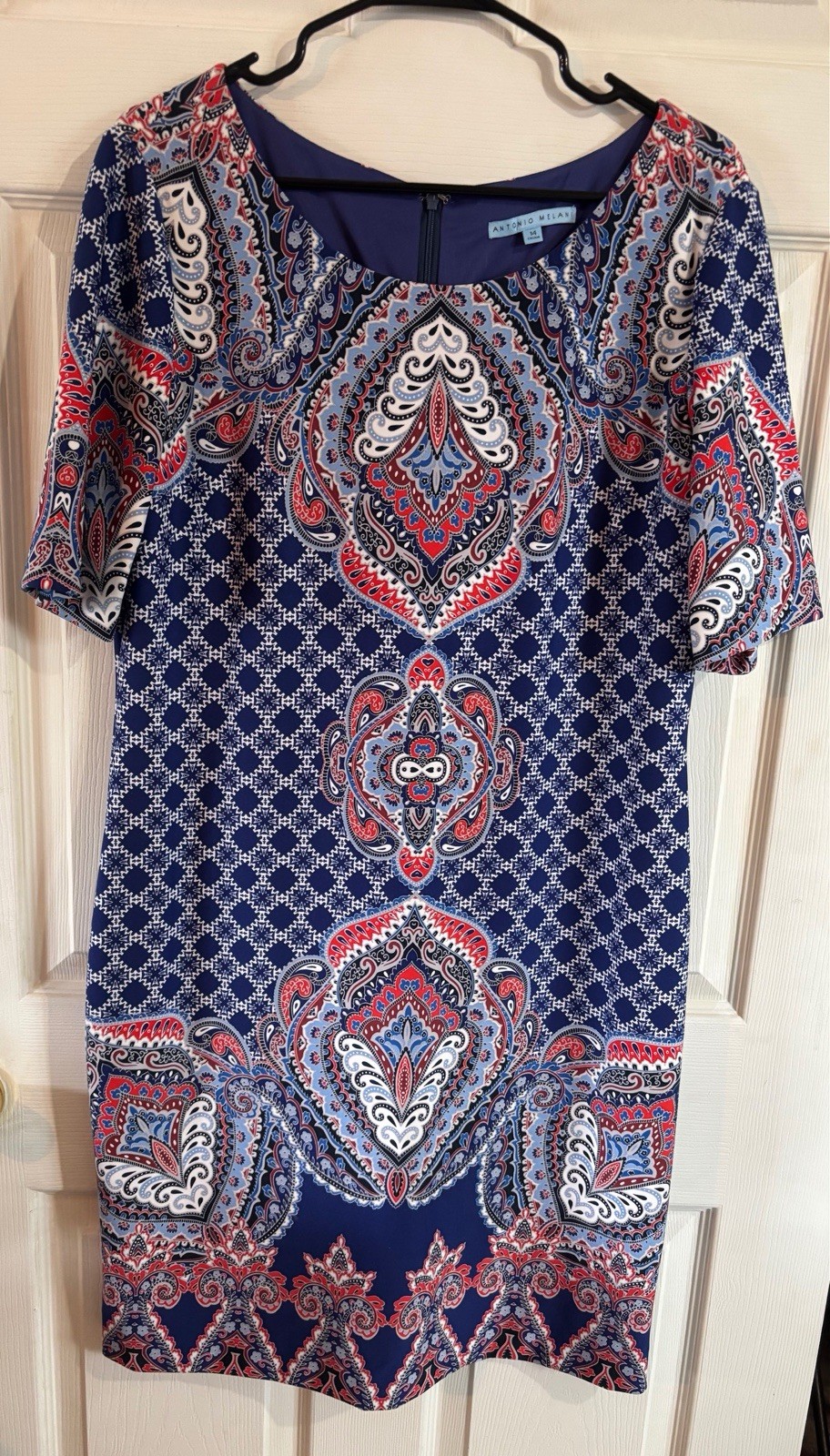 Antonio Melani Blue/Red/White Paisley Shift Dress 3/4 Sleeve Lined Zip 14