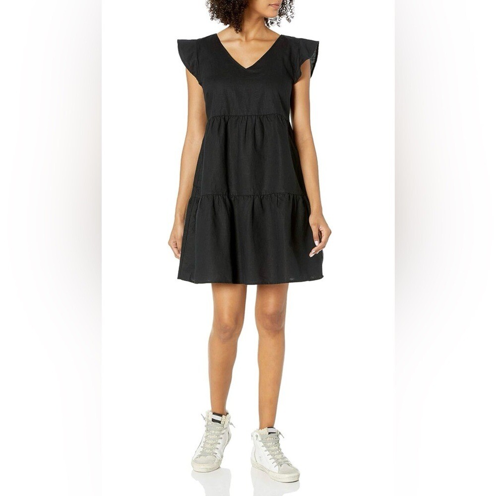 GOODTHREADS Linen Short Dress Black Mini Flutter Sleeve NEW V Neck Women’s Small