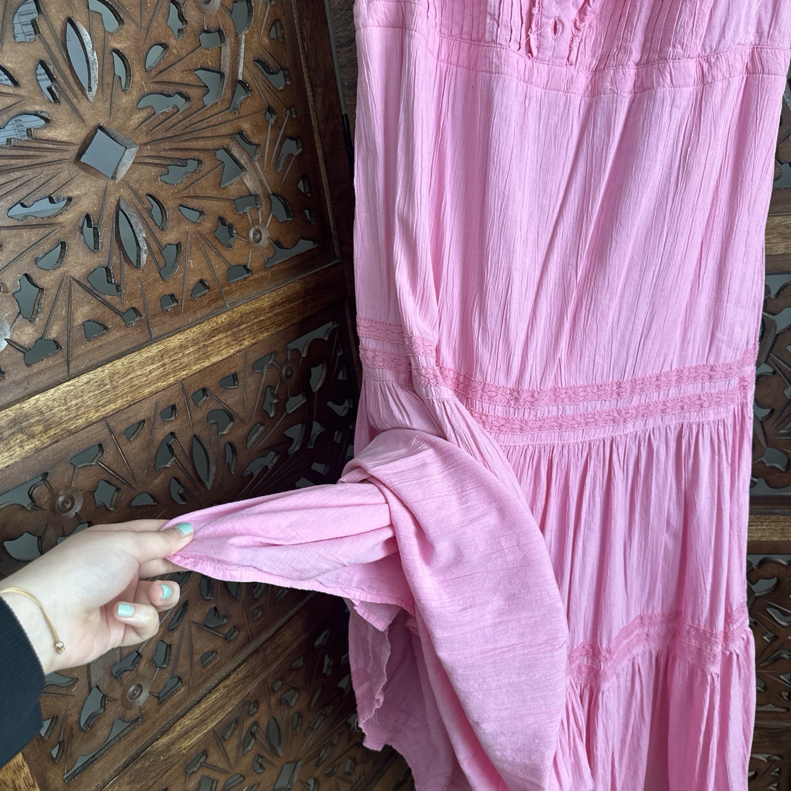 Pink Cotton Maxi Dress Puff Sleeves Ruffle Pleated Button High Neck Women
